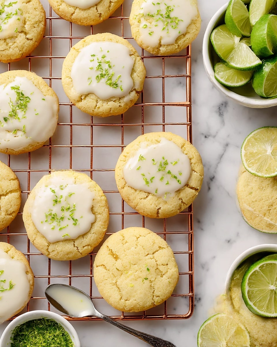 The image shows a group of round, light yellow cookies with a cracked surface, arranged on a copper cooling rack over a white marbled surface. Some cookies are topped with a smooth, glossy white glaze sprinkled with small green lime zest bits, while others are plain. On the right side, there is a white bowl filled with lime wedges, and at the bottom left, a small white bowl contains extra green lime zest. A silver spoon with some glaze and lime zest rests near the bottom, close to the cookies. The scene appears bright with a focus on the texture and colors of the cookies and lime zest. photo taken with an iphone --ar 4:5 --v 7