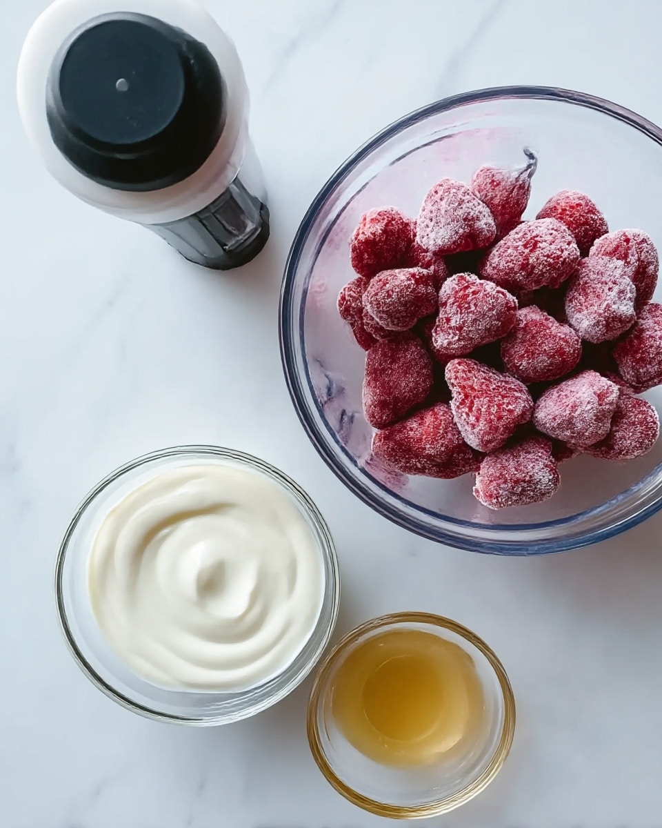 The image shows three clear glass bowls on a white marbled surface. The largest bowl, on the top right, is filled with whole frozen strawberries, covered with a light frost giving a textured white look on the red fruit. Below it, the medium bowl contains smooth, creamy white yogurt with soft swirls on the surface. Next to it, a small bowl holds a light golden liquid, possibly honey or syrup, with a smooth, shiny texture. Also included is a black masher with a round top, placed in the top left area, and part of a white blender lid is visible near the top edge. The layout is simple, with each bowl spaced apart and clean. photo taken with an iphone --ar 4:5 --v 7