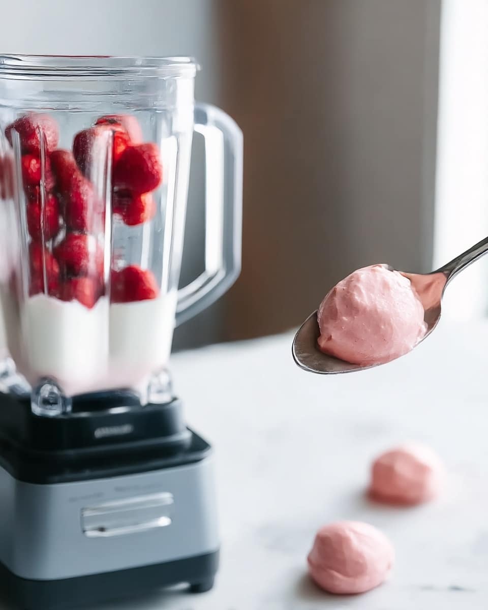 The image shows two parts: on the left, a blender with a clear container filled about one-third from the bottom with white yogurt, topped with whole strawberries that are red with a slight shine; the blender base is black and gray and placed against a blurred indoor background. On the right, a close-up of a woman's hand holding a silver spoon with smooth, light pink strawberry yogurt on it, while below the spoon there are slightly blurred round scoops of the same yogurt on a white marbled surface. The overall colors are soft whites, reds, and pinks, with a clean and simple look. photo taken with an iphone --ar 4:5 --v 7