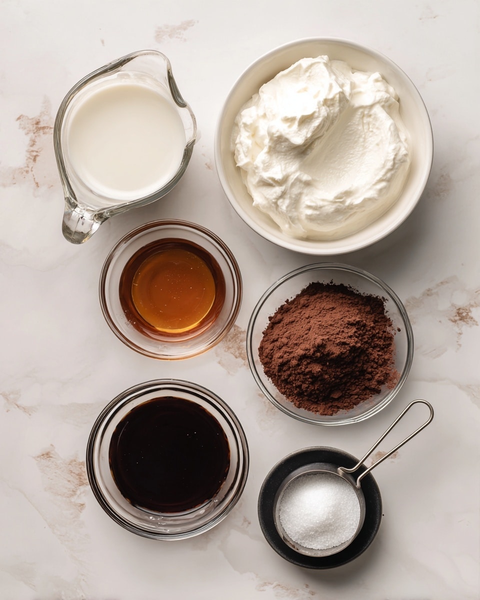 A top view of six small clear glass and white containers arranged on a white marbled surface, each holding a different ingredient: a large white bowl filled with thick white Greek yogurt sitting at the top right; a small clear glass measuring cup with smooth white almond milk to the left; a small clear glass bowl with dark brown vanilla liquid near the center bottom; a metal measuring cup filled with dark brown cacao powder positioned to the right; a small black dish holding white sea salt at the bottom center; and a metal measuring cup with deep amber maple syrup at the top left. Each container's contents show smooth, powdery, or liquid textures with natural colors. photo taken with an iphone --ar 4:5 --v 7