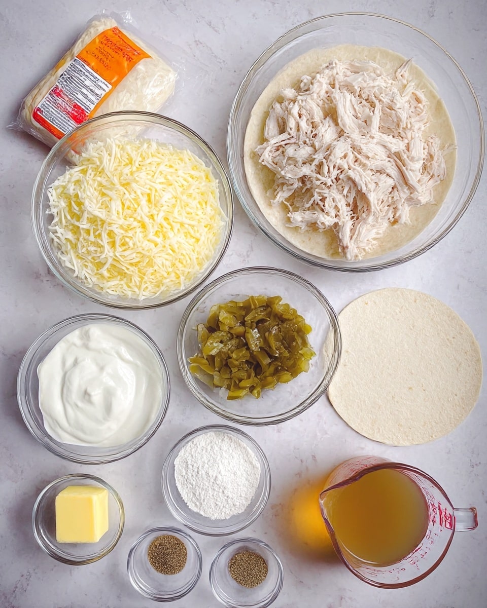The image shows a food setup with several clear glass bowls and a white tortilla package on a white marbled surface. The largest bowl on the right side contains shredded light pink chicken. To its left, a large bowl is full of shredded white-yellow cheese. Below the cheese, there is a medium bowl filled with thick white sour cream. In the middle, a smaller bowl holds chopped green pickles or peppers. Below it, a tiny bowl has a pale yellow square of butter. On the left side near the butter is a very small bowl with white flour. Above the chicken bowl, two very small bowls are filled with ground black pepper and a pale yellow powder. On the bottom right side, a clear measuring cup holds light brown broth or liquid. The white tortilla package with orange and yellow labeling is at the top left. The overall look is clean and organized, ready for cooking. photo taken with an iphone --ar 4:5 --v 7