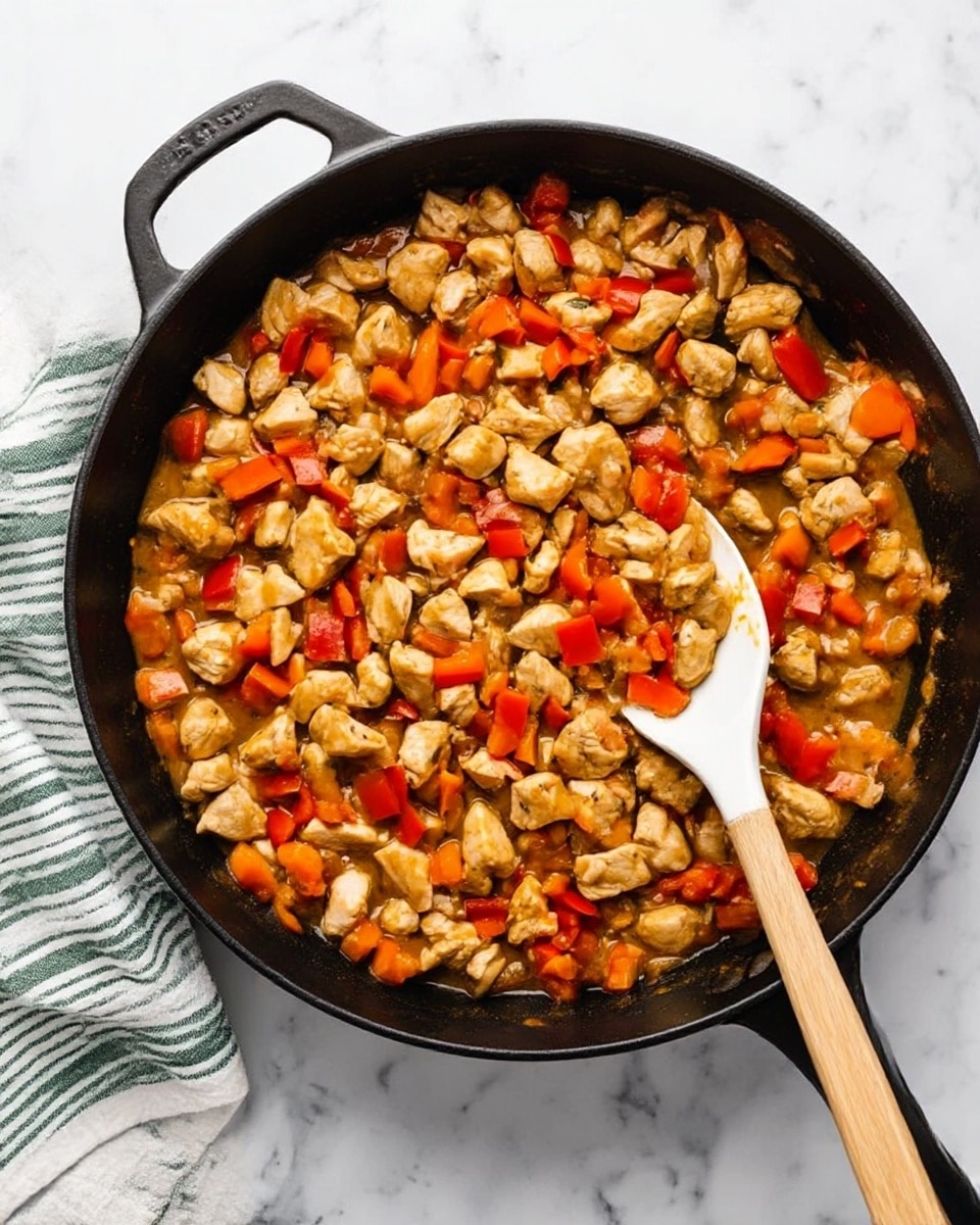 A large black skillet filled with small cubes of light brown cooked chicken mixed with bright orange and red bell pepper pieces in a light brown sauce. A white spoon with a wooden handle is resting inside the skillet on the right side, slightly scooping some of the mixture. The skillet is on a white marbled surface with a striped cloth folded on the left side. Photo taken with an iphone --ar 4:5 --v 7