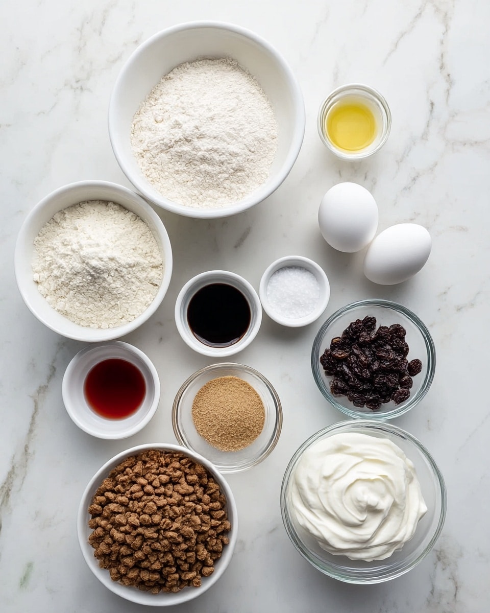 The image shows a white marbled surface with several white bowls and clear glass containers holding different ingredients arranged neatly from top left to bottom right. Starting from the top left, there is a large white bowl filled with flour, next to it a small white bowl with a yellow liquid and a small white bowl with dark liquid. Below these are a tiny white bowl holding a red liquid, another tiny white bowl with white granules, and a small white bowl with more white substance. To the right, a clear glass bowl holds two white eggs, and next to it is a white bowl filled with small dark raisins. Below these is a white bowl containing light brown sugar, while in the bottom center sits a clear bowl with thick white cream. Lastly, at the bottom left, there is a large white bowl filled with brown pellets. Photo taken with an iphone --ar 4:5 --v 7