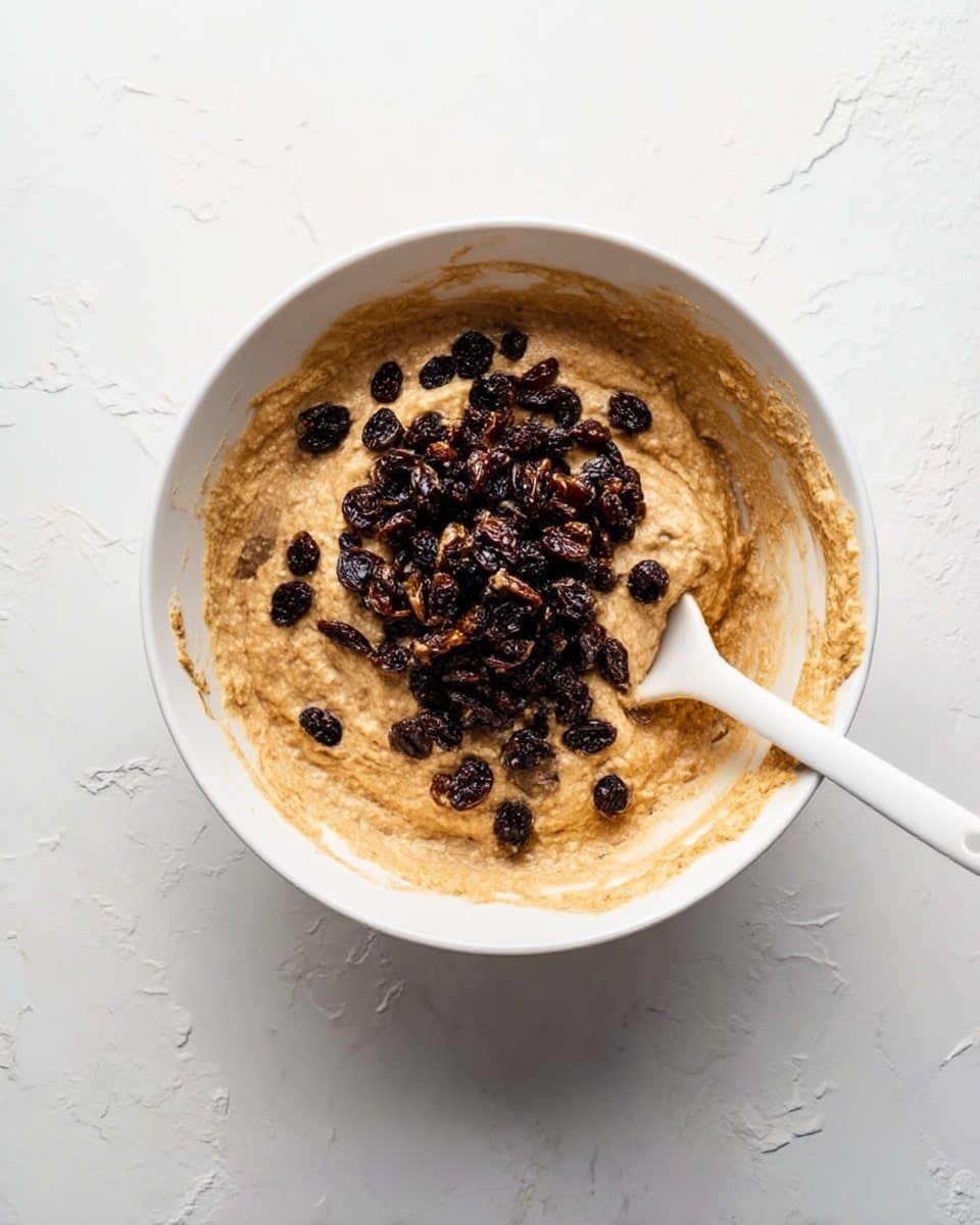 A white bowl filled with light brown thick batter, topped with a large pile of dark raisins in the center, with some batter smeared on the sides inside the bowl. A white spoon is partially inserted into the batter on the right side. The bowl sits on a white marbled textured surface. photo taken with an iphone --ar 4:5 --v 7