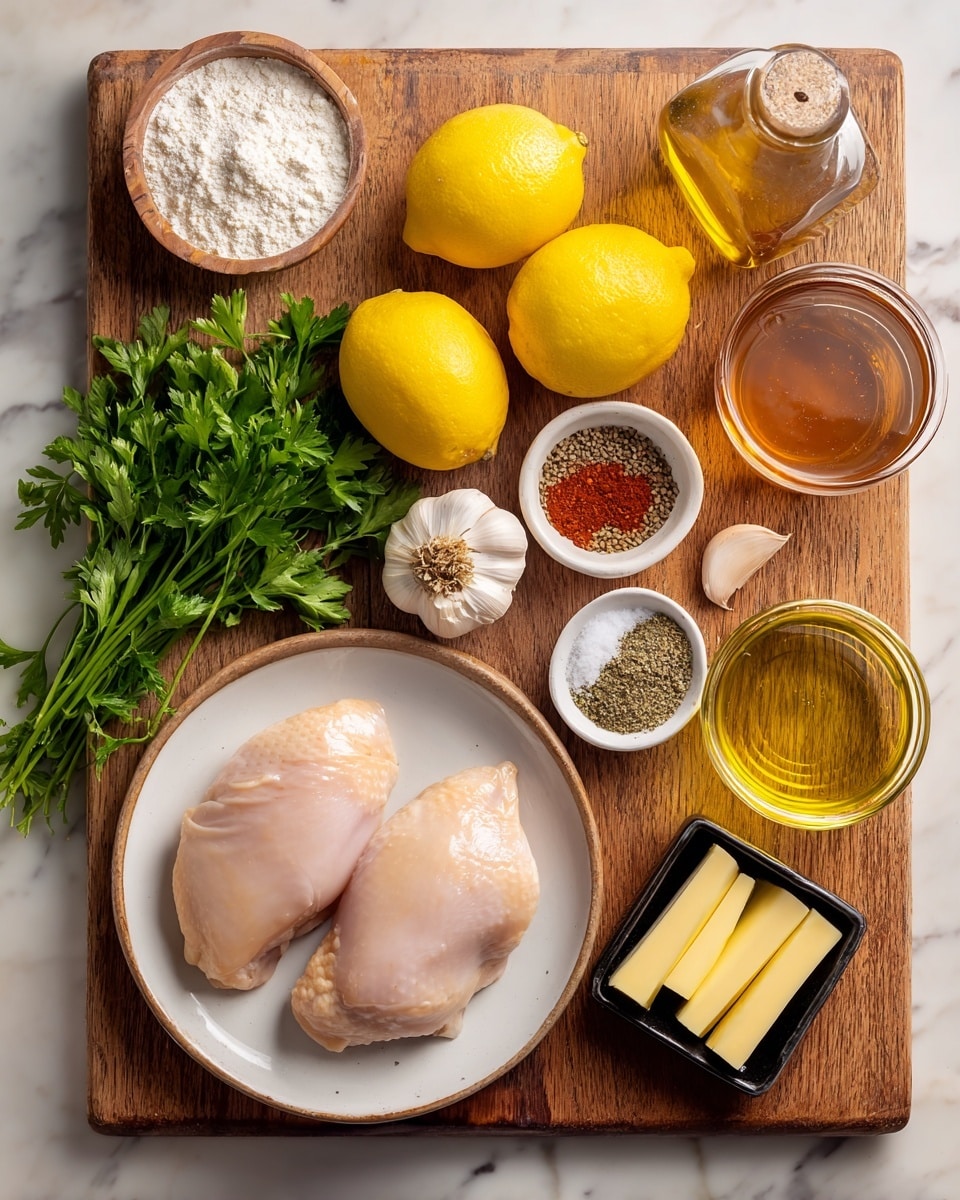 The image shows a wooden board with various cooking ingredients arranged neatly. In the center, there is a white plate with two raw chicken pieces, pale pink and smooth. Above the plate, three bright yellow lemons are placed side by side. To the right of the lemons, a clear plastic honey bottle with amber honey inside stands next to a small glass bowl with light brown stock. On the far right, there is a clear bottle with golden oil. To the left of the chicken plate, a small square black dish holds two yellow butter sticks, and next to it, a bunch of fresh green parsley lies on the board. Above the parsley, two garlic cloves with pale pink skins are positioned. Above these, a small white round bowl contains three spices: reddish paprika, black pepper, and white salt. To the top left, a small bowl of white flour is visible. The whole setup is on a wooden textured board and the background is a white marbled surface. Photo taken with an iphone --ar 4:5 --v 7