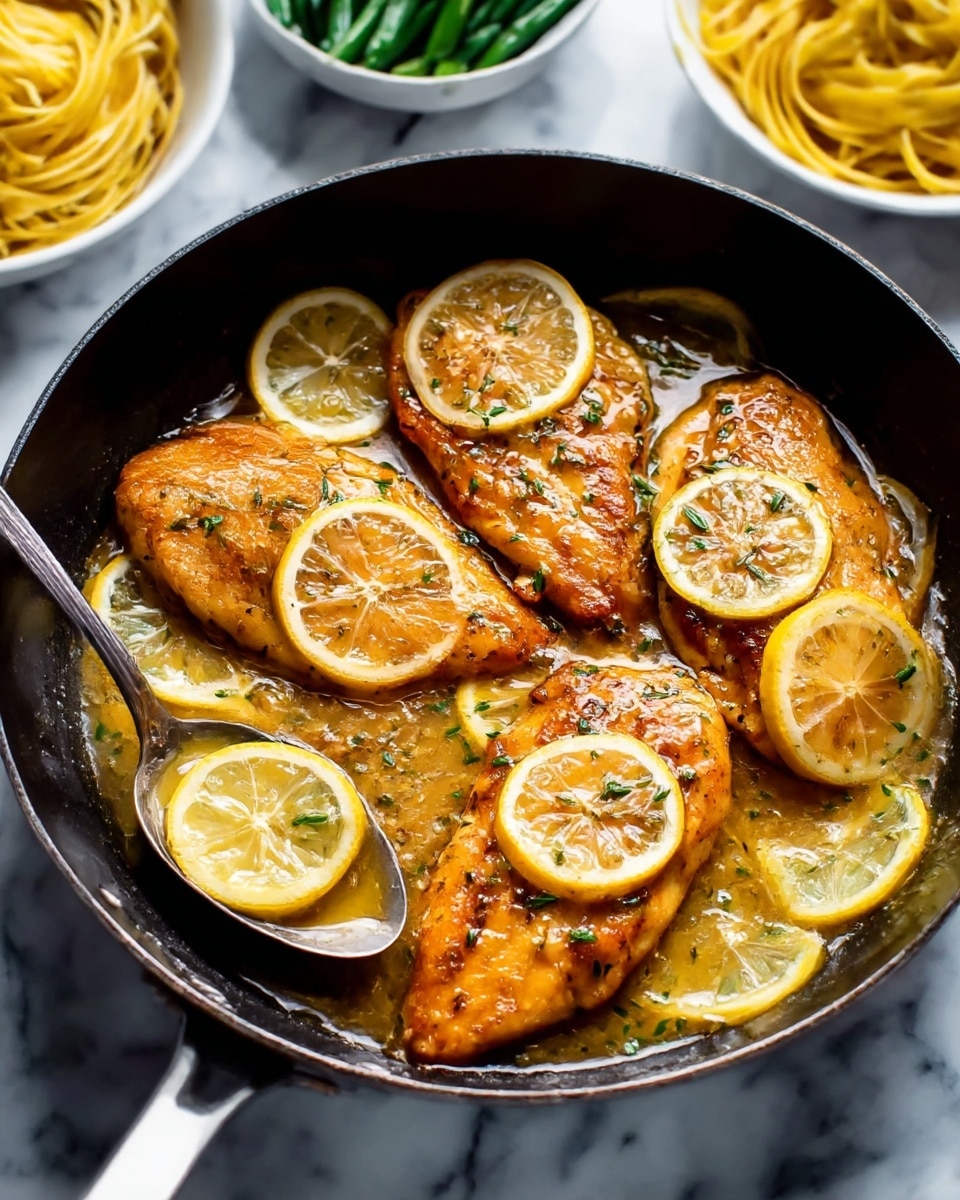 Four pieces of golden brown chicken fillets sit in a black pan covered with a shiny lemon sauce, each topped with small green herb bits. Thin lemon slices are spread evenly around and on the chicken, adding bright yellow and light transparent textures. A shiny silver spoon rests on the edge of the pan, partially dipping into the sauce and holding a lemon slice. The background is a white marbled texture with blurred white dishes holding yellow pasta and green beans. Photo taken with an iphone --ar 4:5 --v 7