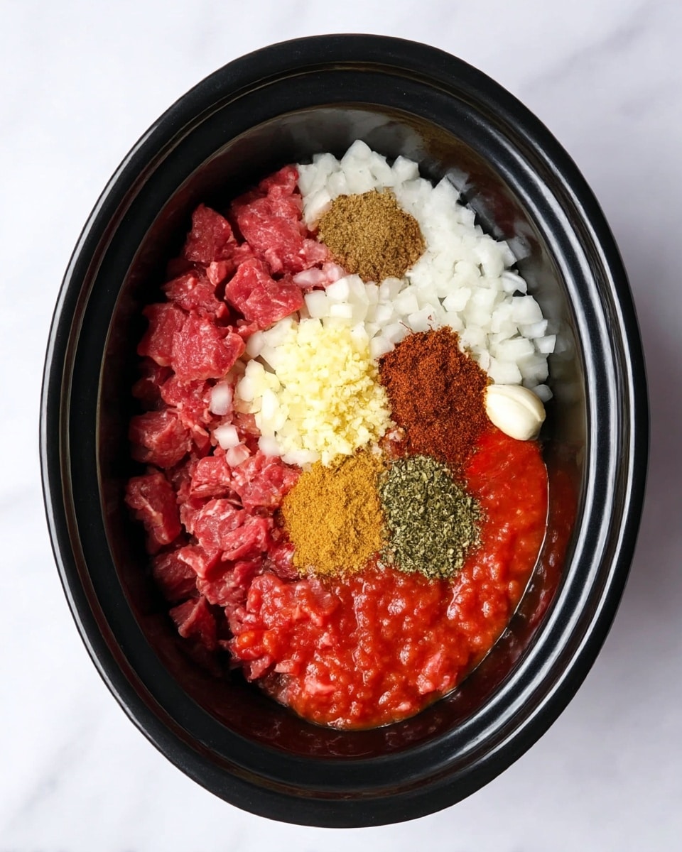 In a black oval slow cooker, there are seven distinct sections of ingredients: diced raw red meat, finely chopped white onions, chopped yellow garlic, bright red tomato sauce, and four different brown and green spices laid out in separate piles on top of the onions and tomato sauce. The slow cooker is placed on a white marbled surface. photo taken with an iphone --ar 4:5 --v 7