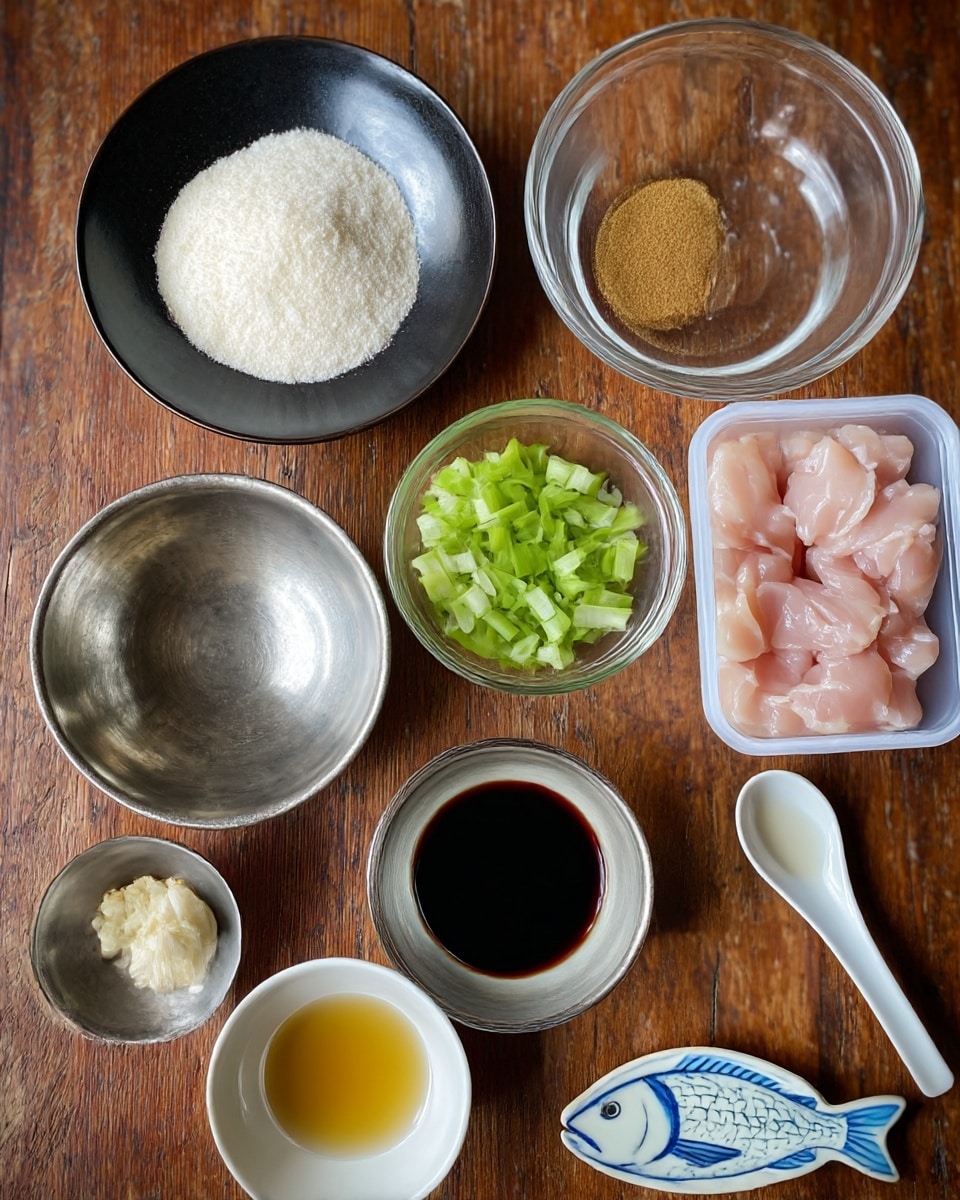 The image shows several small bowls and a container of ingredients arranged on a wooden surface. There is a black round bowl filled with white powder, a clear glass bowl with brown sugar, another clear glass bowl with light brown liquid, a white container holding chopped green onions, a plastic container filled with pieces of raw pink chicken, a shiny silver bowl that is empty, a silver bowl with minced garlic, a white ceramic spoon with light amber liquid, a small white bowl with a fish design containing clear liquid, and a white bowl filled with dark soy sauce. photo taken with an iphone --ar 4:5 --v 7