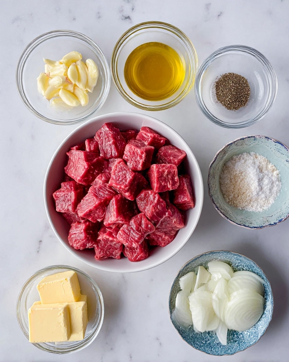 A white bowl filled with many pieces of red raw beef cubes sits at the bottom center on a white marbled surface. Above it, there are eight small glass bowls arranged in a loose grid: the top left bowl contains light yellow sliced garlic, the top center bowl holds clear pale yellow oil, the top right bowl has dark ground pepper, the middle left bowl is filled with amber-colored liquid, the middle right bowl shows coarse white salt in a decorative light blue bowl, the center bowl has light brown flour, the bottom left bowl contains two light yellow butter squares, and the bottom right bowl holds sliced white onions. All bowls are transparent or white, and the scene is lit softly from above. Photo taken with an iphone --ar 4:5 --v 7