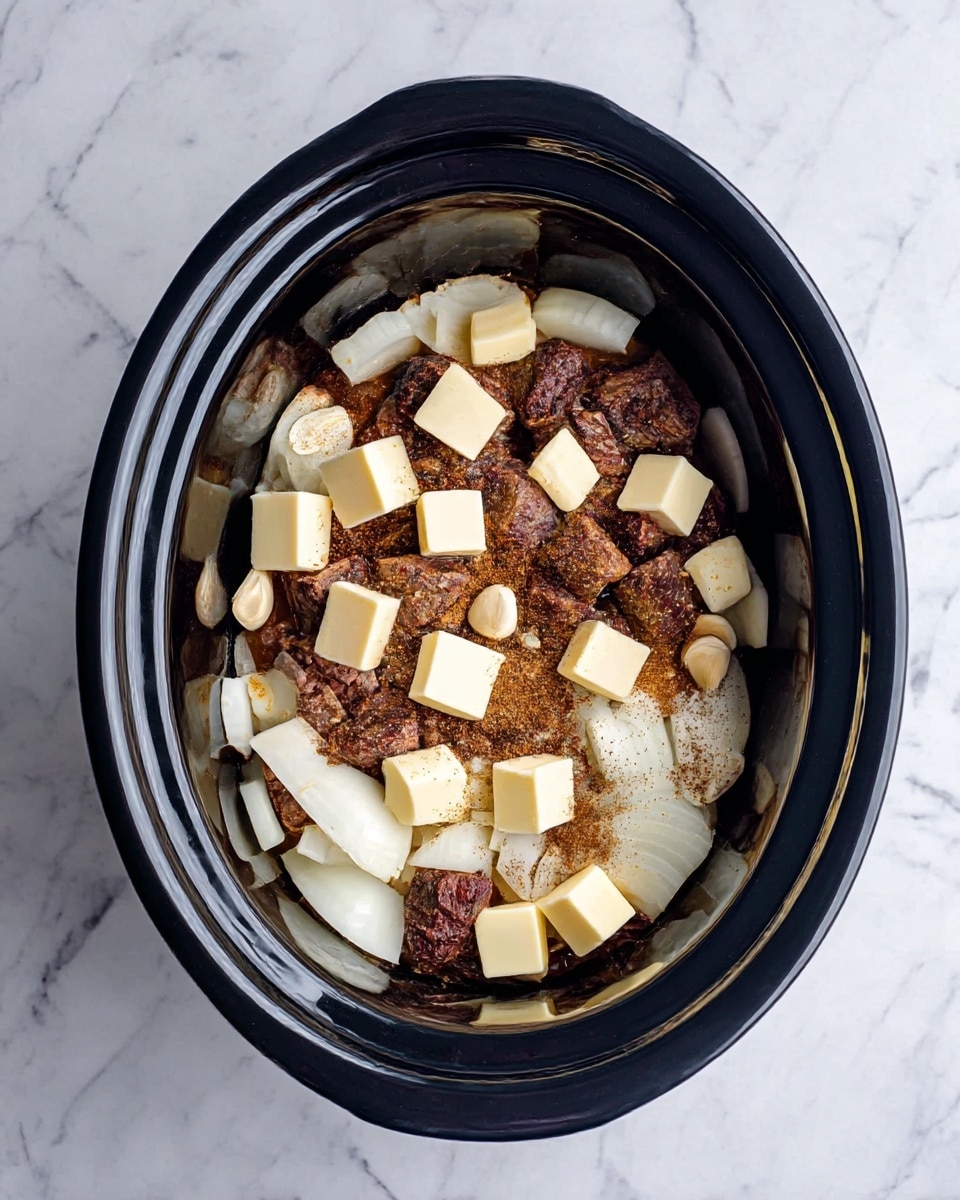 The image shows a black slow cooker filled with layers of ingredients, placed on a white marbled surface. The bottom layer is white onion slices, visible around the edges, with a smooth, slightly shiny texture. On top of the onions, there are brown pieces of cooked beef chunks that are uneven in size, some with a seared look. Scattered across the meat are small white to light yellow squares of butter evenly spaced around the container. There are also a few whole garlic cloves and a dusting of brown seasoning powder spread over the surface. photo taken with an iphone --ar 4:5 --v 7