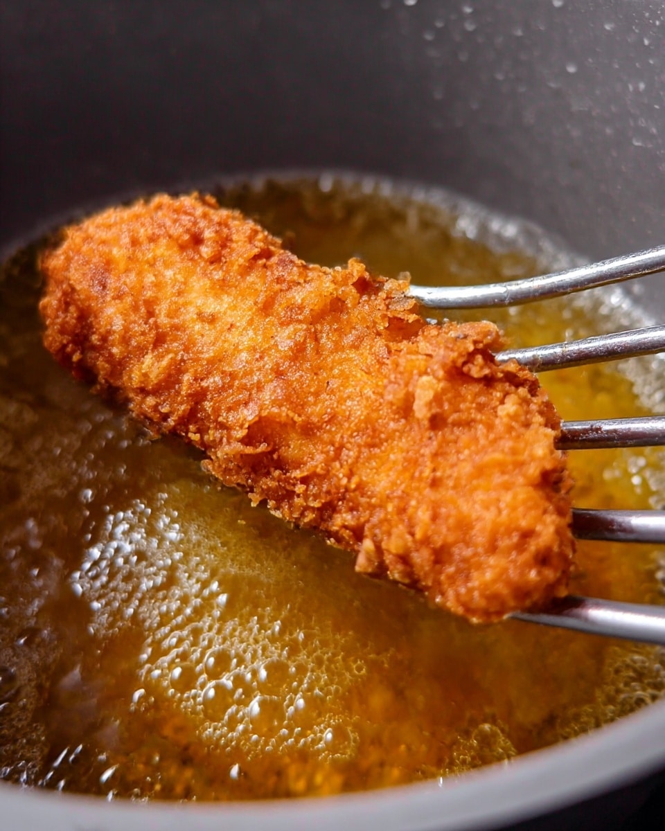 A golden brown fried chicken tender with a crispy, textured coating showing small crunchy bits sits on a metal slotted utensil above bubbling hot oil inside a light gray pot. The chicken tender has a rough, uneven surface with darker brown ridges and lighter crispy edges, glistening with oil. The oil below is amber-colored with small bubbles and foam, indicating hot frying. The scene is focused closely on the chicken and oil, with a soft blurred black background. photo taken with an iphone --ar 4:5 --v 7