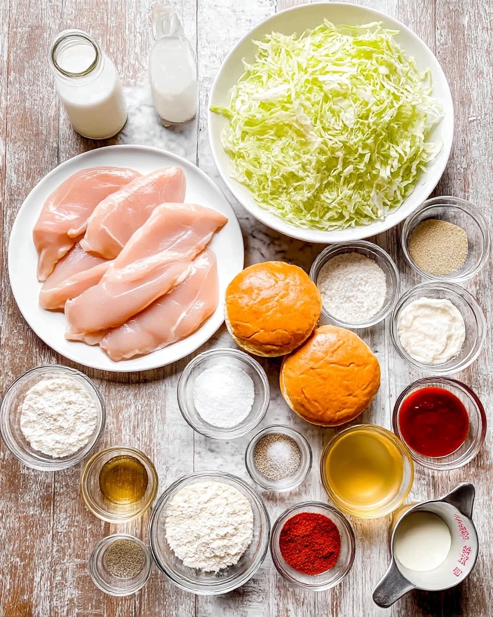 The image shows many small clear glass bowls and dishes placed on a wooden table with a white marbled texture. At the center-left, a white plate holds four raw pale pink chicken fillets. Above the chicken, a large white bowl is full of shredded light green lettuce. Near the lettuce, there are two round shiny golden brown burger buns stacked slightly on each other. Surrounding these items are small bowls and dishes with white flour, powdered white and beige spices, salt, pepper, a small glass of milk, a small glass of clear liquid, a small glass with a honey-colored liquid, a metal measuring cup with thick white sauce, and a small dish with red sauce or powder. The arrangement is neat, with a balanced color mix of white, green, pale pink, golden brown, and various neutral tones. photo taken with an iphone --ar 4:5 --v 7