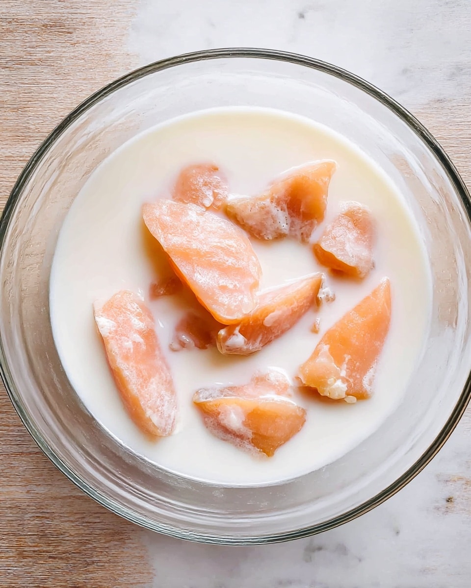 A clear glass bowl sits on a white marbled surface, filled with pieces of light pink raw salmon partially covered in a milky white liquid. The salmon pieces vary in size, some smooth and elongated while others are smaller and chunkier, all submerged in the white liquid that has a slightly creamy texture. The bowl's transparency shows the wooden texture underneath faintly through the glass. photo taken with an iphone --ar 4:5 --v 7