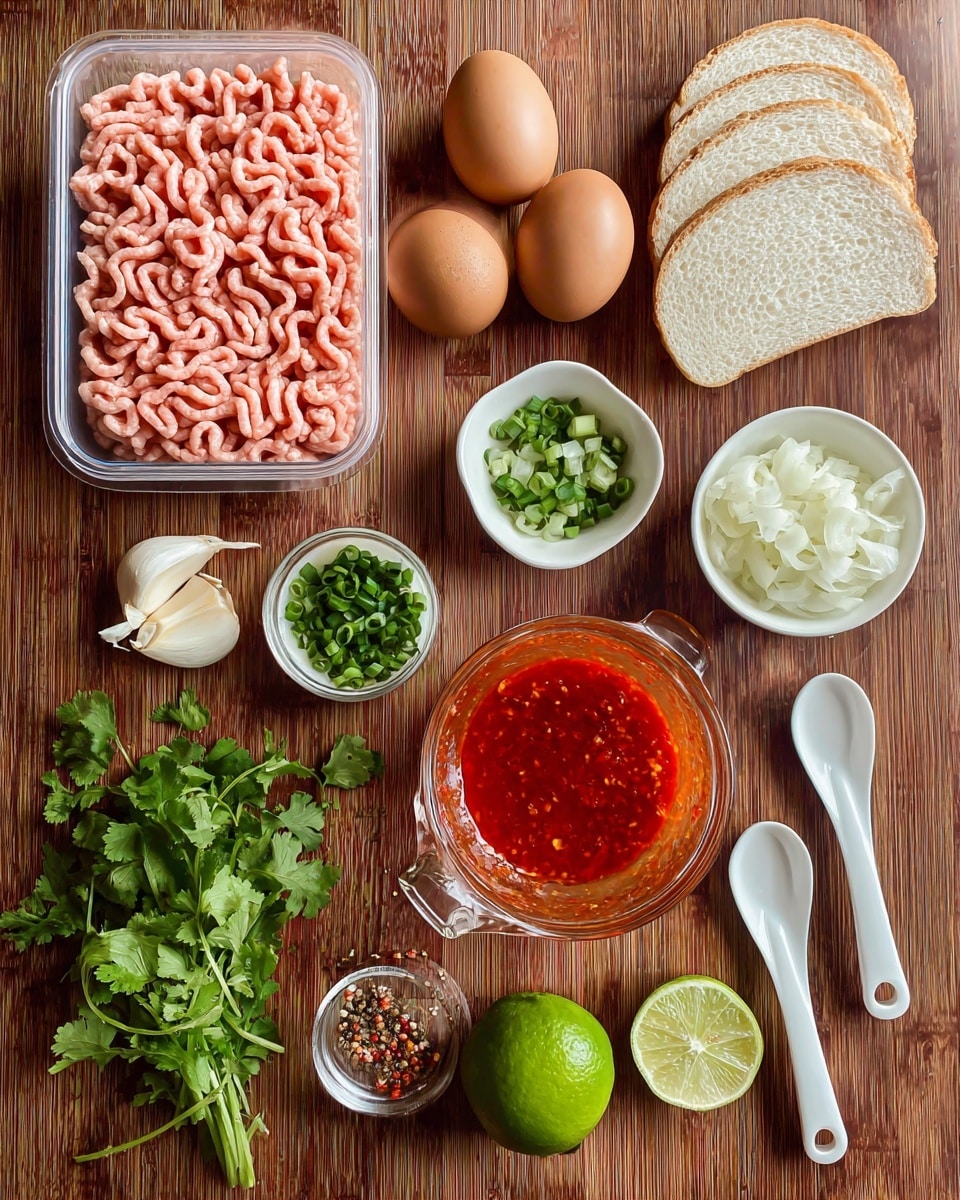 The image shows various cooking ingredients neatly arranged on a brown wooden surface. In the top left is a clear plastic container holding raw ground turkey in a wavy pattern. To the right are two brown eggs in a small clear glass bowl. Below the turkey are rare slices of white bread in a white bowl. A small pile of peeled garlic cloves sits near the center. There are three small white bowls with chopped green cilantro, minced onion, and some chopped green onion scattered around. Below them is a clear measuring cup filled with bright red Thai sweet chili sauce. A fresh green lime is placed near the bottom center. Two white spoons hold salt and red pepper flakes. The background is a white marbled texture. photo taken with an iphone --ar 4:5 --v 7