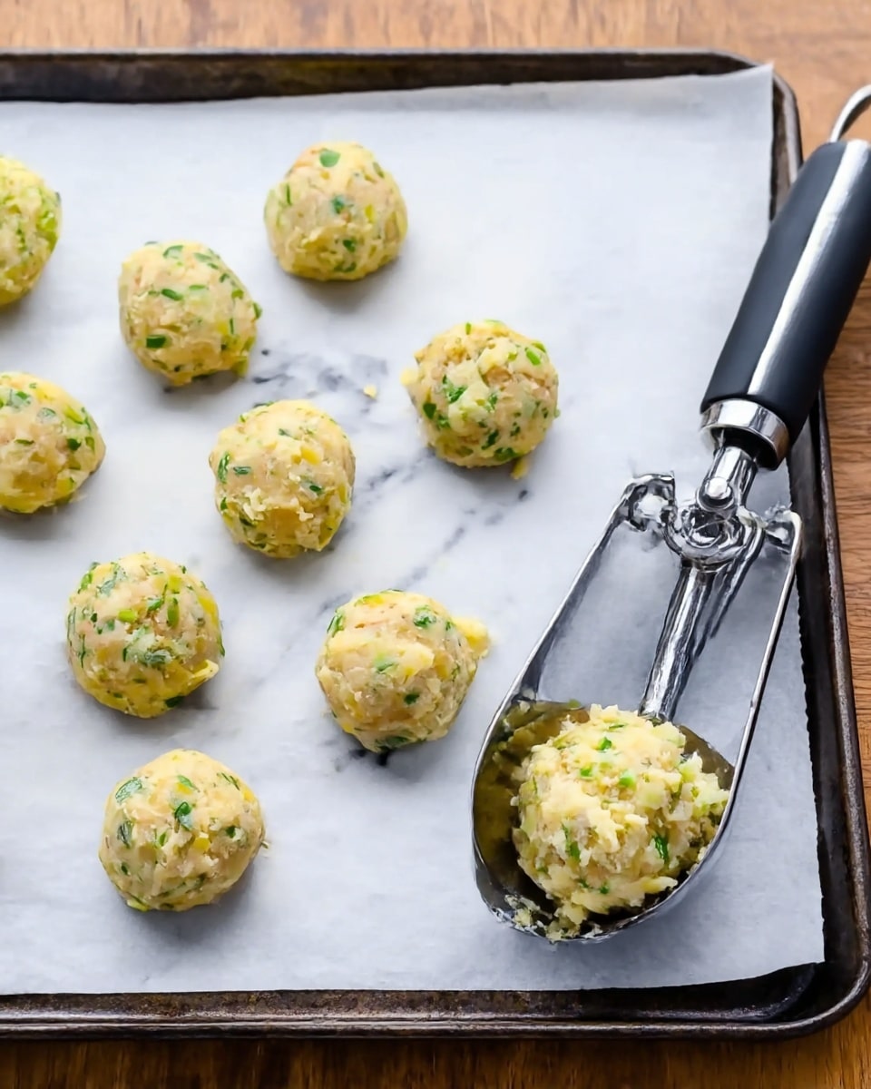 The image shows a baking tray lined with parchment paper on a white marbled surface. There are about ten round dough balls on the paper, each with a speckled texture of green herbs and light-colored dough mixed together. A metal ice cream scoop with a black handle is seen on the right side, holding one dough ball. The dough looks moist and chunky, with a mix of soft yellow and green bits. The tray is a dark metal, and the background around is wooden. Photo taken with an iphone --ar 4:5 --v 7