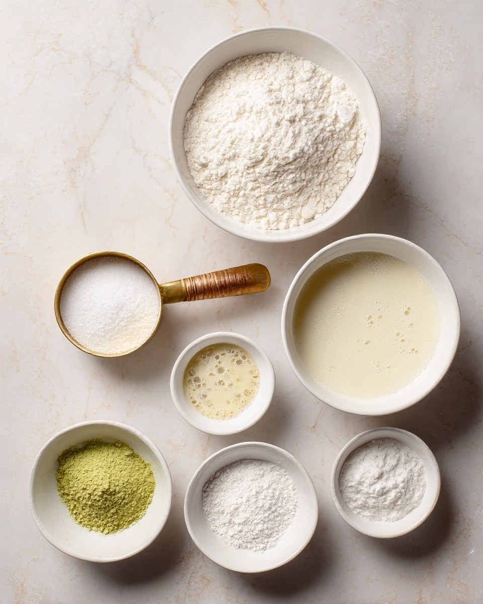 The image shows seven white bowls and a gold measuring cup with a wooden handle arranged on a white marbled surface. The largest bowl in the top center holds white flour with a slightly uneven texture. To its left is a gold measuring cup filled with white granulated sugar. Below the flour, a medium white bowl contains a liquid mixture with small bubbles and a pale yellow color. To the right of this bowl, another medium white bowl is filled with a smooth, creamy white liquid. Below these, there are four smaller white bowls: one with a bright green powder, one with a fine white powder, another with a thick white powder, and the last with a small amount of clear liquid. The overall presentation is neat, with soft natural light. photo taken with an iphone --ar 4:5 --v 7