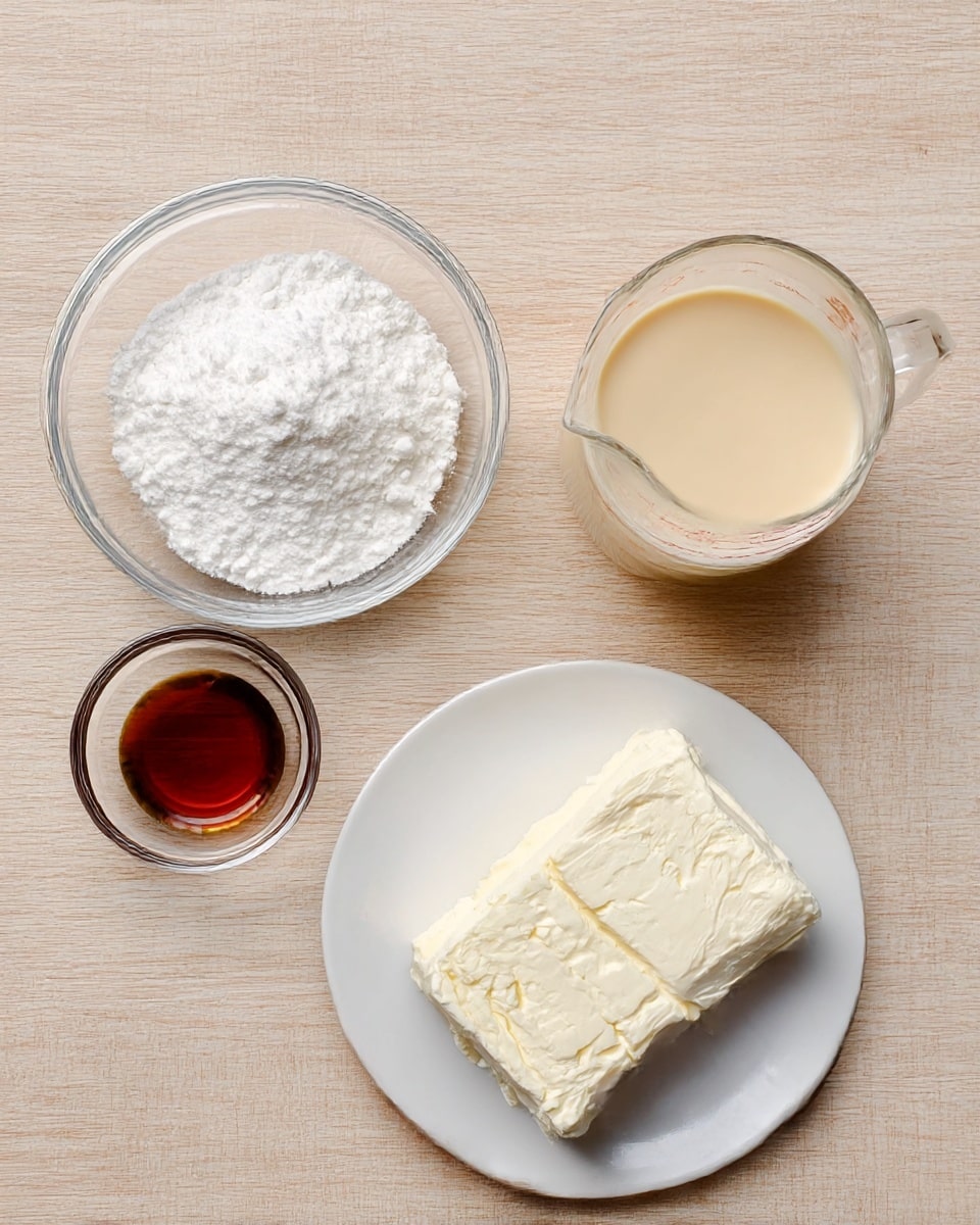 The image shows four baking ingredients placed on a light wooden surface. On the bottom right, there is a white plate holding a large block of cream cheese, soft and creamy in texture with slight surface cracks. To the left of it, a clear glass bowl is filled with white powdered sugar, fluffy and fine. Above this bowl, there is a small clear glass dish containing dark amber vanilla extract, its smooth liquid contrasting with the powders. On the top right, a clear glass measuring cup holds a creamy beige liquid, likely heavy cream, with a smooth surface showing subtle reflections. The overall scene is simple, clean, and organized. photo taken with an iphone --ar 4:5 --v 7