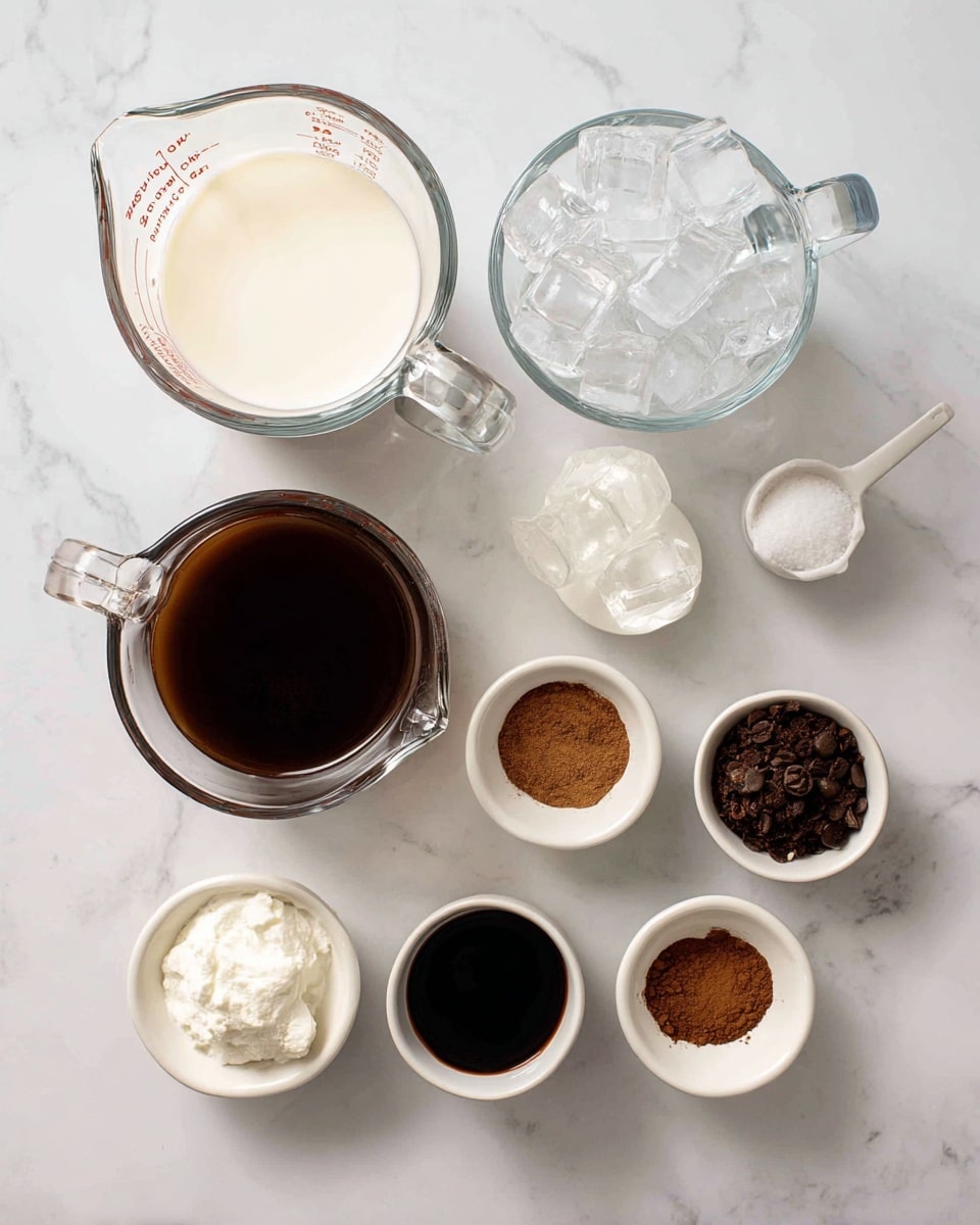The image shows several clear measuring cups and small white bowls arranged on a white marbled surface. There are two larger clear measuring cups filled with white heavy cream and white milk, while another large measuring cup holds dark brown strong coffee. A smaller clear measuring cup contains ice cubes. The small white bowls each hold a different ingredient: one with white sugar, one with dark brown chocolate syrup, one with light brown ground cinnamon powder, and one with dark brown ground cloves powder. Each ingredient is neatly placed and labeled clearly above or beside its container. photo taken with an iphone --ar 4:5 --v 7