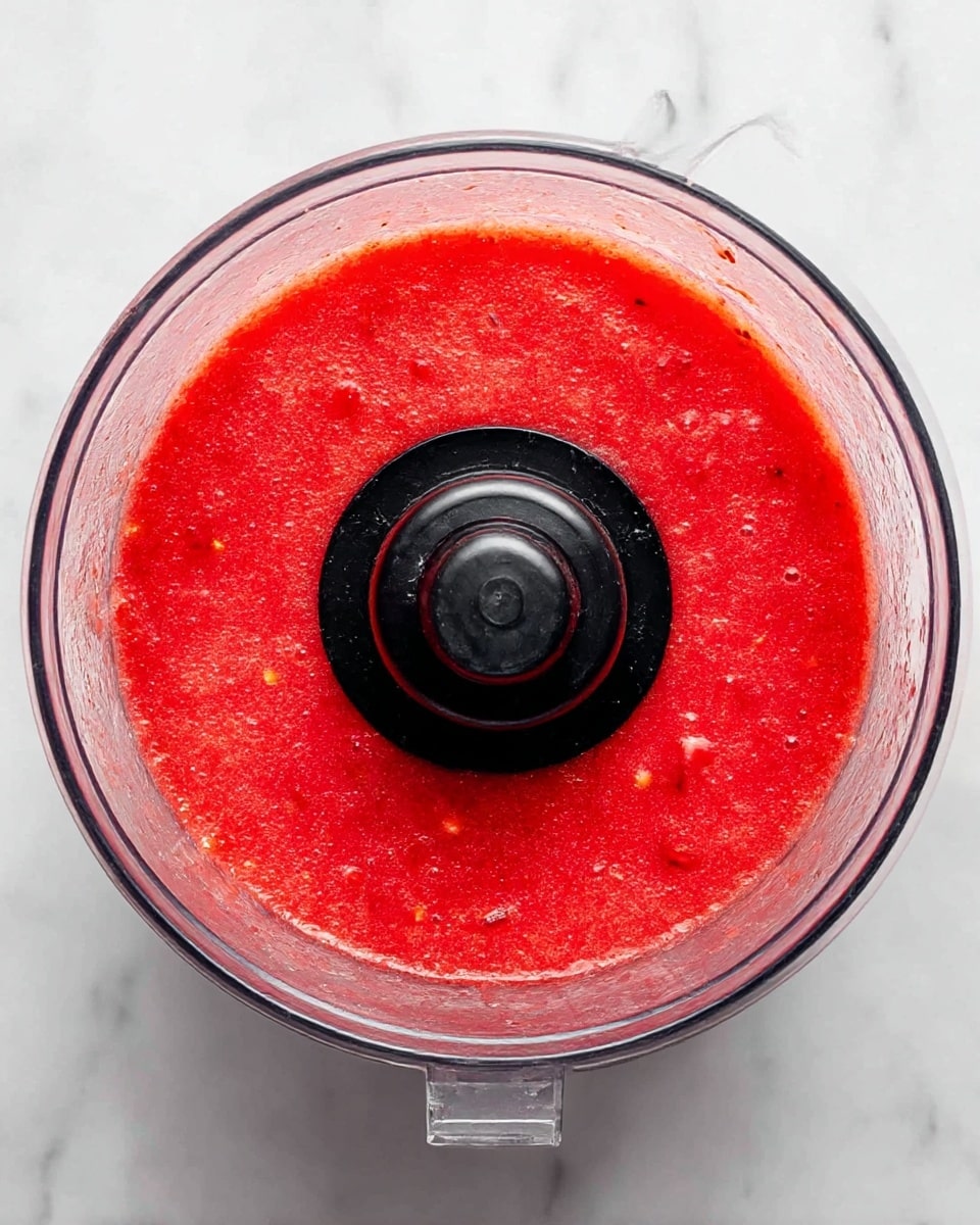 A clear food processor bowl is filled with bright red, smooth strawberry puree that has a slightly thick texture with tiny bubbles and small fruit bits throughout. The black central blade holder is visible in the middle, surrounded by the vibrant red liquid. The food processor is placed on a white marbled surface, giving a clean and fresh look. photo taken with an iphone --ar 4:5 --v 7