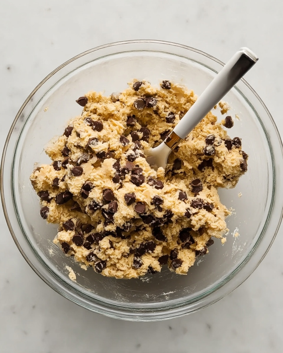 A clear round glass bowl filled with light beige chocolate chip cookie dough mixed with many dark brown chocolate chips, giving a textured look with chunks of chips scattered evenly throughout. A white spoon with a black handle is resting inside the bowl, partially covered by the dough. The bowl is placed on a white marbled surface. photo taken with an iphone --ar 4:5 --v 7