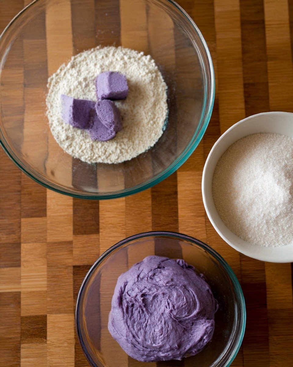 The image shows three glass bowls placed on a wooden surface. The top glass bowl contains a white powder with three purple pieces sitting on top, slightly covered by the powder. The bottom glass bowl is filled with a smooth, thick purple paste or dough, with some texture visible on its surface. To the right, there is a white bowl filled with granulated white sugar. A woman's hand is partially visible near the bowl with sugar. The wooden surface has a grid-like pattern of different wood shades. photo taken with an iphone --ar 4:5 --v 7