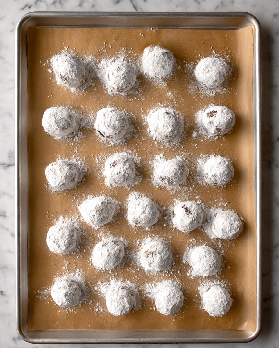 The image shows a metal baking sheet lined with brown parchment paper, holding twenty round cookie dough balls evenly spaced in a grid of 5 by 4. Each dough ball is coated with a thick layer of white powdered sugar, giving them a soft, snowy look with hints of the darker cookie dough visible underneath in some spots. The surface beneath the baking sheet is a white marbled texture. The overall scene is bright and neat, highlighting the contrast between the white powdered sugar and the light brown parchment paper. Photo taken with an iphone --ar 4:5 --v 7