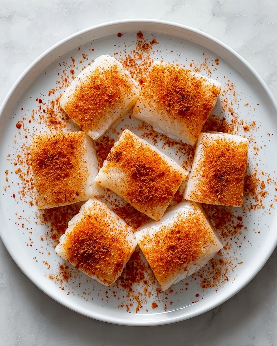 The image shows a round white plate with eight rectangular pieces of pale white fish fillets arranged in a circular pattern, slightly overlapping each other. Each piece is sprinkled evenly with a reddish-orange spice blend, adding a textured, powdery layer on top of the smooth fish. The plate sits on a white marbled surface that contrasts softly with the bright spice color. photo taken with an iphone --ar 4:5 --v 7