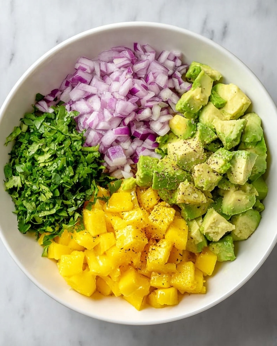 A white bowl on a white marbled surface holds four separate piles of chopped ingredients, arranged evenly. Starting from the top left is a layer of finely chopped purple onion pieces with a smooth, slightly shiny texture. To the right, there is a chunkier layer of diced avocado, showing light green and creamy textures, sprinkled lightly with black pepper. Below the avocado is a small pile of chopped dark green cilantro leaves, fresh and leafy. Lastly, the bottom left contains bright yellow diced mango pieces with a juicy and soft look, also sprinkled lightly with black pepper. photo taken with an iphone --ar 4:5 --v 7