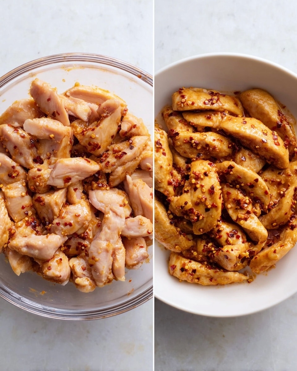 A clear white bowl filled with raw light pink chicken strips mixed with a reddish-brown sauce and small pieces of chili flakes and spices, the chicken pieces look moist and slightly shiny, placed on a white marbled surface; next to it is a white bowl filled with cooked chicken strips that have turned golden brown with darker roasted spots, coated evenly in a reddish-brown sauce with visible chili flakes, the chicken pieces arranged in a loose pile on the same white marbled surface photo taken with an iphone --ar 4:5 --v 7