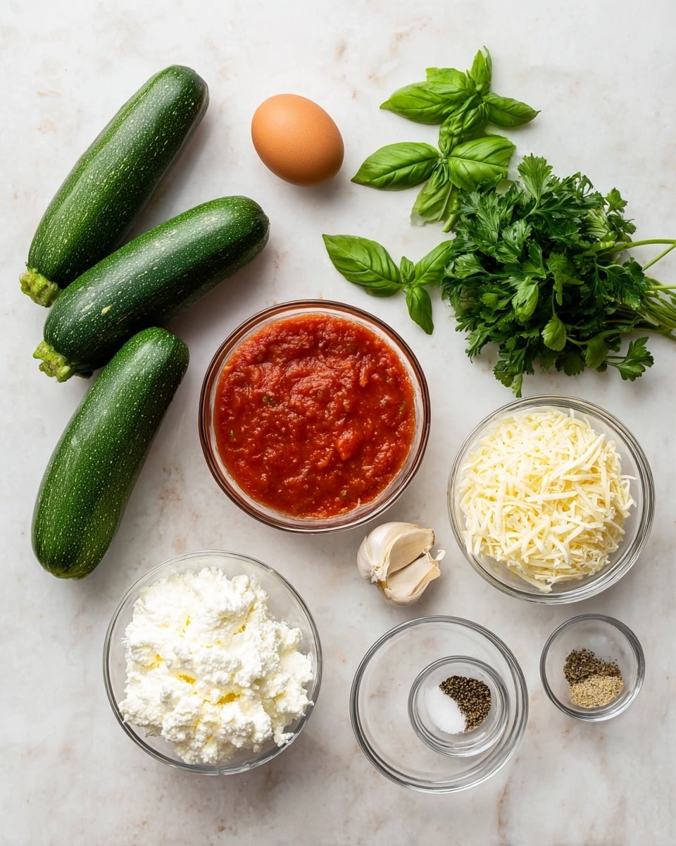 The image shows a collection of fresh ingredients laid out on a white marbled surface. There are four whole green zucchinis positioned horizontally in the center-left. Above them, a single brown egg rests. To the top right, there's a bunch of fresh green parsley, and just below it, a clear glass bowl filled with red tomato sauce. Near the center, a small clove of garlic lies between the zucchinis and the bowls. Three glass bowls contain various cheese and seasonings: one at center-left holds white ricotta cheese, another near the bottom center is filled with shredded mozzarella, and a smaller bowl above the shredded cheese has grated Parmesan. On the far left, another small bowl holds different dried seasonings including salt and pepper, and fresh green basil leaves are placed to the top left. The entire scene is bright and clear. Photo taken with an iphone --ar 4:5 --v 7