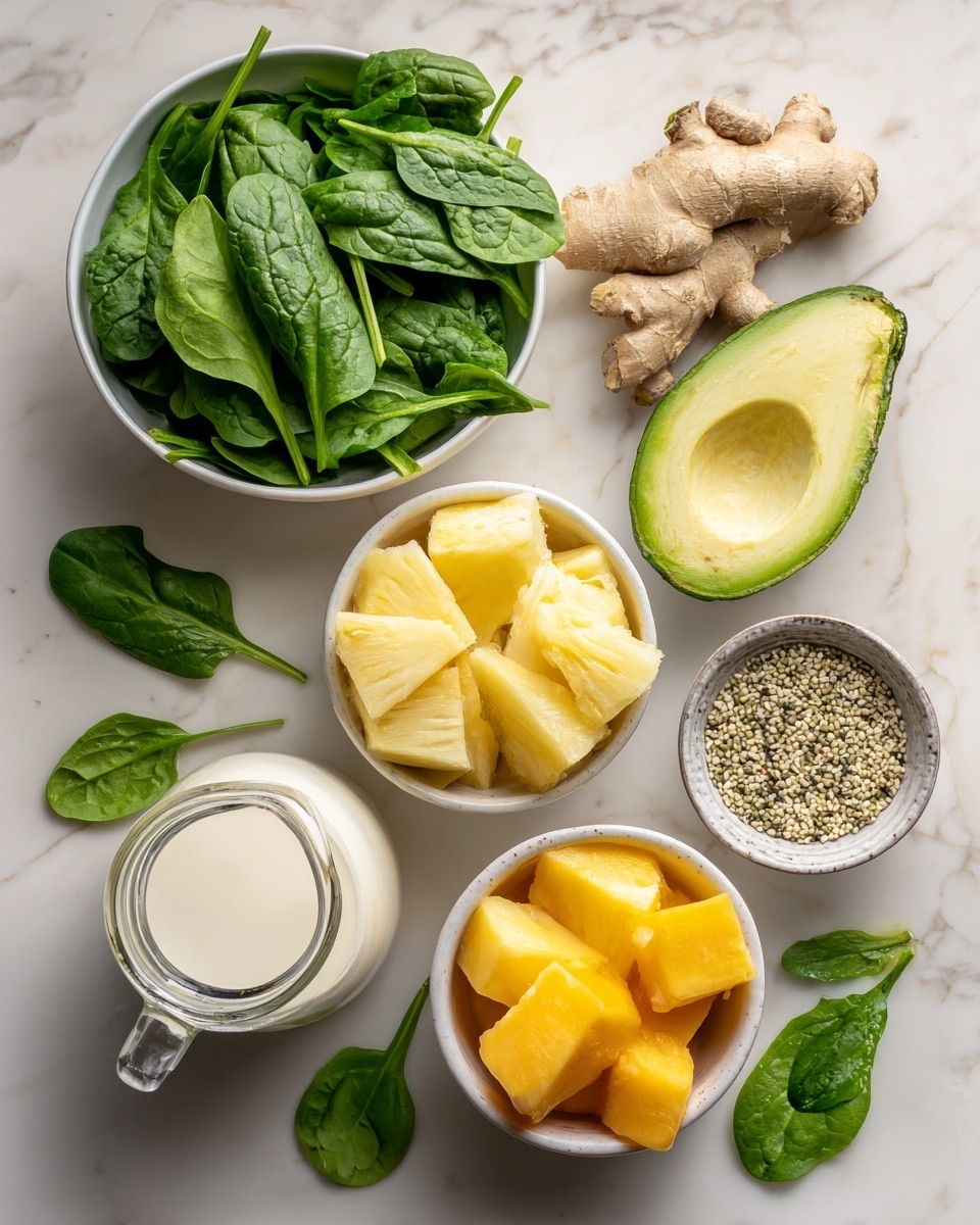 The image shows several white bowls on a white marbled surface. One large bowl is filled with fresh green spinach leaves, showing their smooth and slightly crinkled texture. Below it, another bowl is filled with chunks of yellow pineapple, with a juicy and slightly rough surface. To the right, a smaller bowl contains frozen orange and yellow fruit pieces, looking frosty and solid. Next to these bowls is a clear glass jug of creamy white liquid, likely milk or a milk substitute. There is an avocado cut in half with the seed visible, and a piece of fresh ginger root with a rough light brown skin. A small bowl of hemp seeds is also shown, with tiny, round beige and green seeds. A few spinach leaves are scattered on the surface around the bowls. photo taken with an iphone --ar 4:5 --v 7