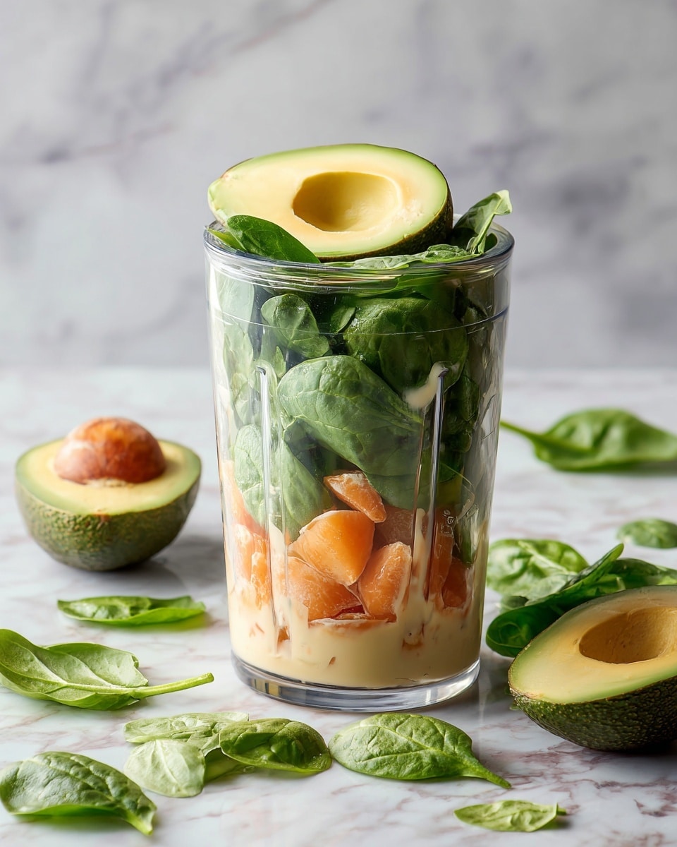 A clear blender jar is filled with layers of ingredients, set on a white marbled surface. The bottom layer is creamy and light beige, likely a liquid base, with chunks of orange fruit floating near the base. Above this is a thick, rich layer of fresh dark green spinach leaves that fill most of the jar. On top of the spinach is a halved avocado showing bright green smooth flesh with a hollow center where the pit was removed. Around the blender on the surface are scattered spinach leaves and a half avocado showing its seed and green flesh. The background is a white marbled texture. photo taken with an iphone --ar 4:5 --v 7