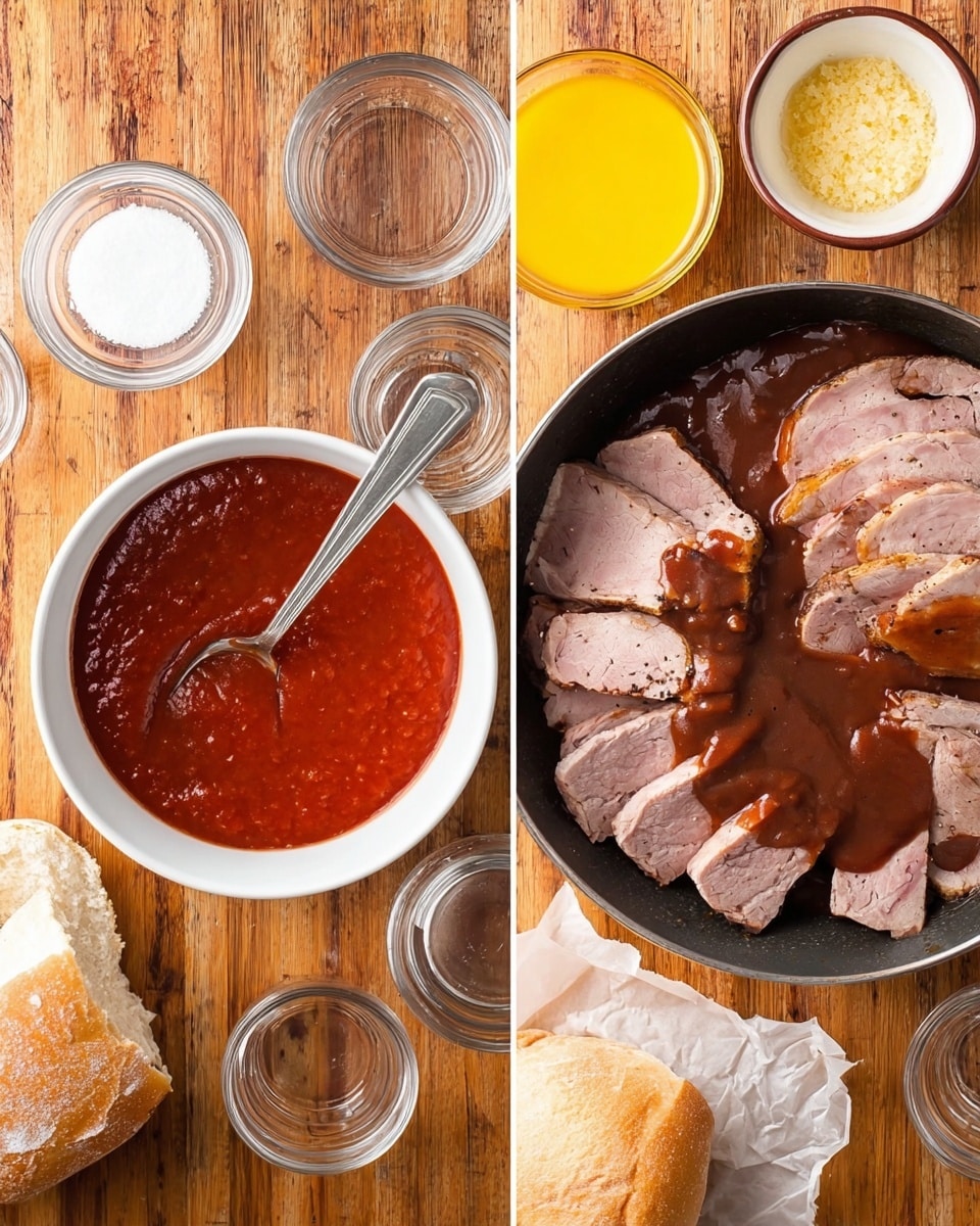 The image shows two side-by-side views of cooking ingredients on a wooden surface. On the left side, there is a white bowl filled with a thick red sauce with a silver spoon inside. Surrounding the bowl, there are small clear glass bowls, some containing white powdery ingredients. On the right side, there is a black pan filled with several thin slices of brownish-pink cooked meat, covered in a dark brown sauce. Next to the pan, there is a white plate with more slices of meat partly covered by parchment paper. Above the pan, there is a small white bowl filled with yellow mustard. Below the pan, part of a white bread roll is visible. The background is a wooden surface now imagined as white marble for your prompt. photo taken with an iphone --ar 4:5 --v 7