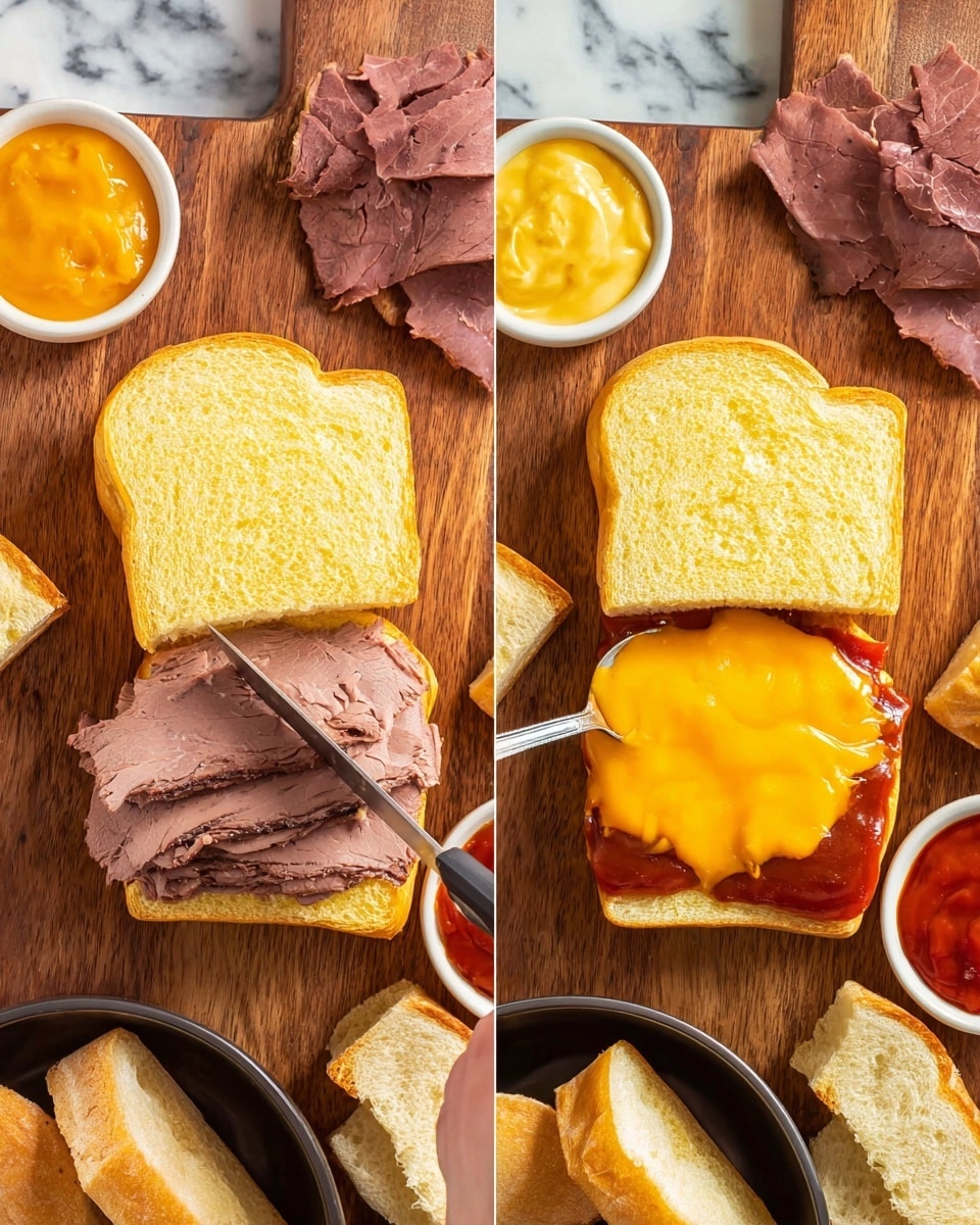 The image shows two side-by-side views of making a roast beef sandwich on a wooden cutting board. On the left side, the sandwich is open with two layers of soft yellow bread on the top and bottom, and a thick layer of thinly sliced roast beef in the middle. A woman's hand holds a knife placing the roast beef on the bread. On the right side, the sandwich has three layers: the bottom yellow bread with a spread of red sauce, the middle layer of roast beef, and a top layer of melted bright yellow cheese being spread with a spoon held by a woman's hand. Around the cutting board, there are small white bowls with red sauce and yellow cheese sauce, a black bowl filled with more roast beef slices, and some more pieces of bread. The background is a white marbled texture. photo taken with an iphone --ar 4:5 --v 7