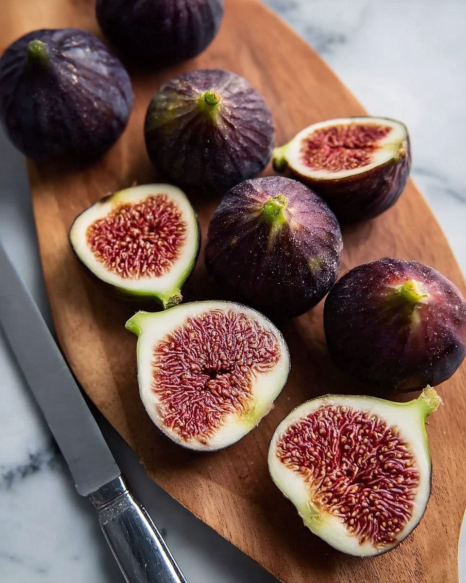 A wooden cutting board holds six figs, three whole and three cut in half, revealing a deep red, seedy inner flesh with white edges. The figs have dark purple skins with green stems. A silver knife with a black handle rests on the cutting board beside the figs. The scene is set on a white marbled surface photo taken with an iphone --ar 4:5 --v 7