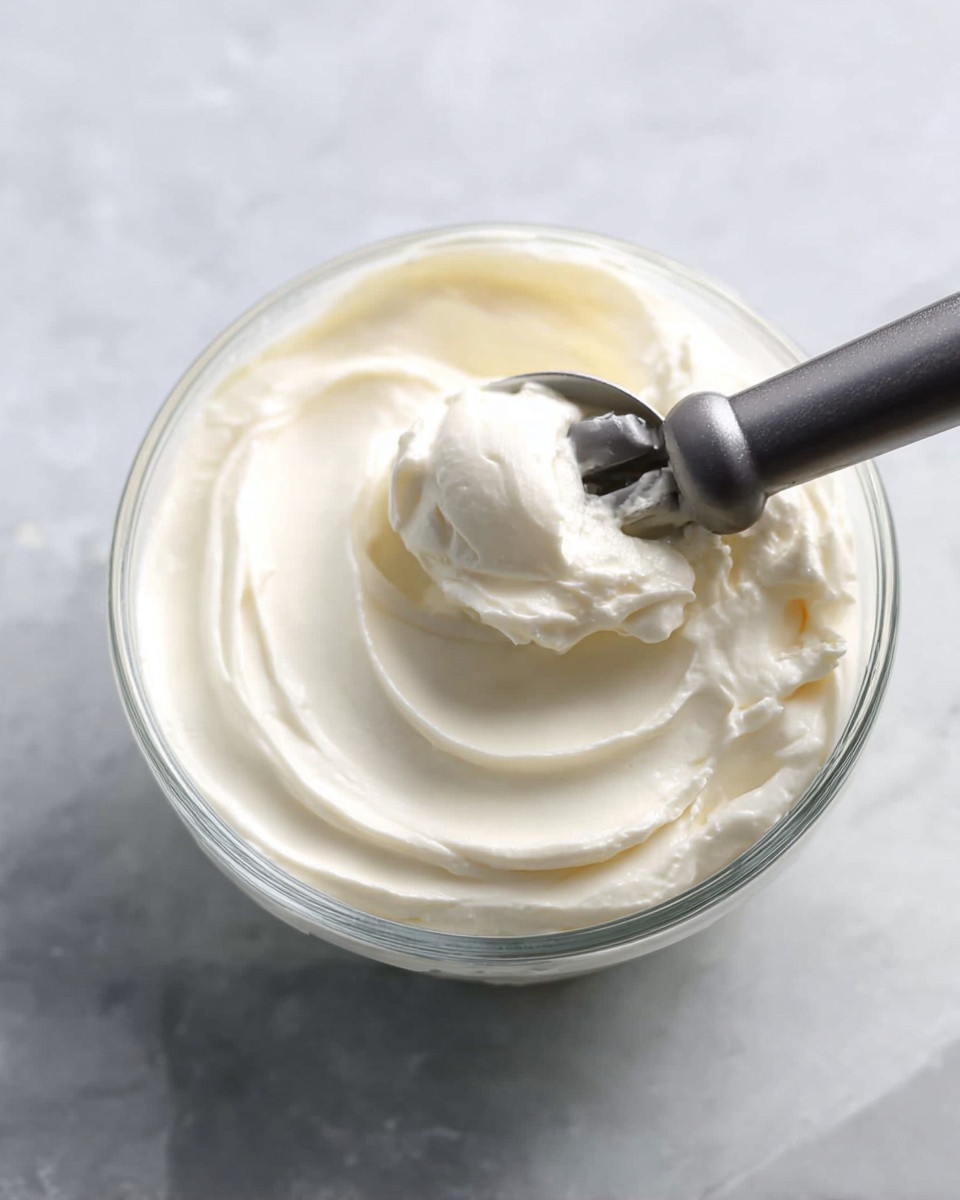 Ninja Creami Vanilla Protein Ice Cream Recipe 5 A clear glass bowl filled with smooth, white cream that has a thick and soft texture, swirled gently in the bowl creating curved ridges around the edges. A dark gray ice cream scoop is partly embedded in the cream, lifting a soft, rounded portion that curves inward, showing the creamy consistency. The bowl is placed on a surface with a white marbled texture that has soft greys and whites blending in the background. photo taken with an iphone --ar 4:5 --v 7