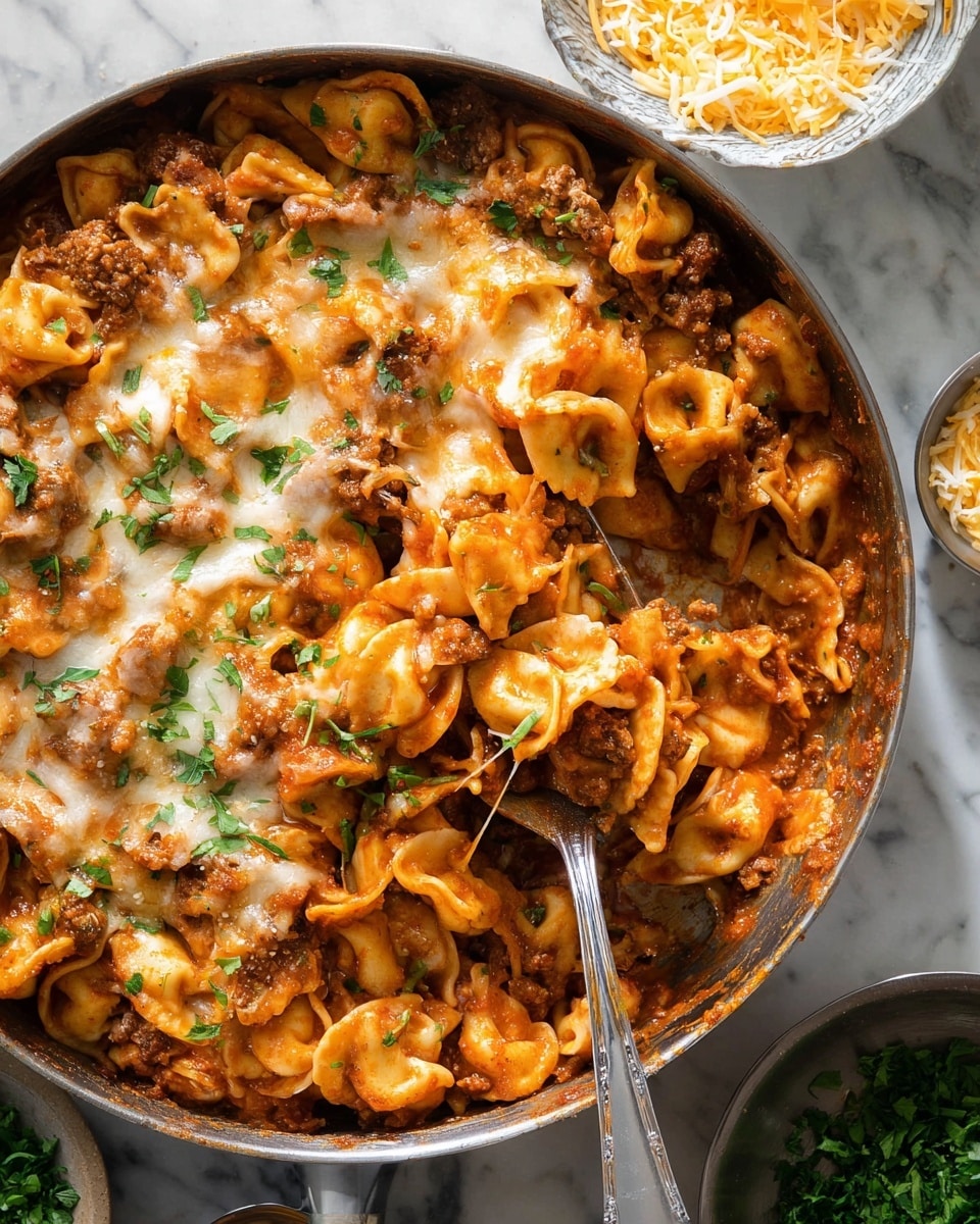 This image shows a skillet with three main layers: the bottom layer is cooked pasta in a reddish sauce with chunks of browned meat, the middle layer is melted cheese with a light golden crust, and the top layer is small green parsley leaves scattered across the surface. The pasta pieces are light orange and folded, with some parts looking soft and saucy, and others slightly toasted. A metal spoon is scooping some pasta from the skillet, showing the gooey melted cheese stretching slightly. The skillet sits on a white marbled surface with small bowls around it containing shredded cheese and green herbs. Photo taken with an iphone --ar 4:5 --v 7