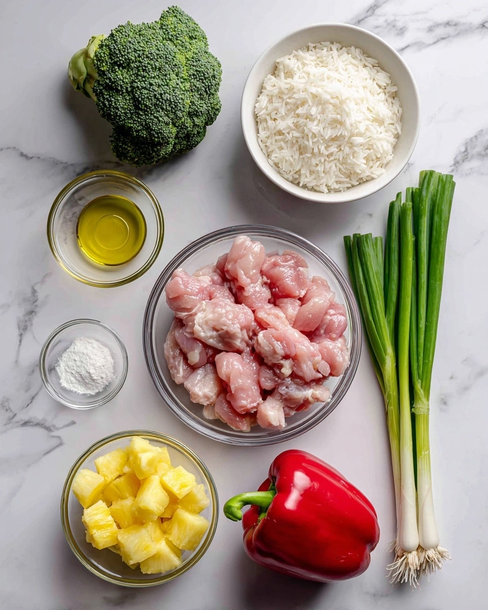 The image shows a collection of cooking ingredients neatly arranged on a white marbled surface. In the center is a clear glass bowl holding raw pink chicken pieces. To the top right, a white bowl is full of fluffy white cooked rice. Near the right edge, there is a bunch of long green onions with white tips resting on the surface. Below them, a whole red pepper with a smooth, shiny skin lies on the surface. To the left of the chicken bowl, there is a small glass bowl filled with bright yellow pineapple chunks. Above it, a small clear glass contains a bit of light oil. Just below the oil, a tiny glass container holds a white powder of cornstarch. Finally, at the top left corner, there is a fresh, green broccoli head with a textured surface. All items are spaced evenly and clearly labeled in simple black text above or below each ingredient. photo taken with an iphone --ar 4:5 --v 7