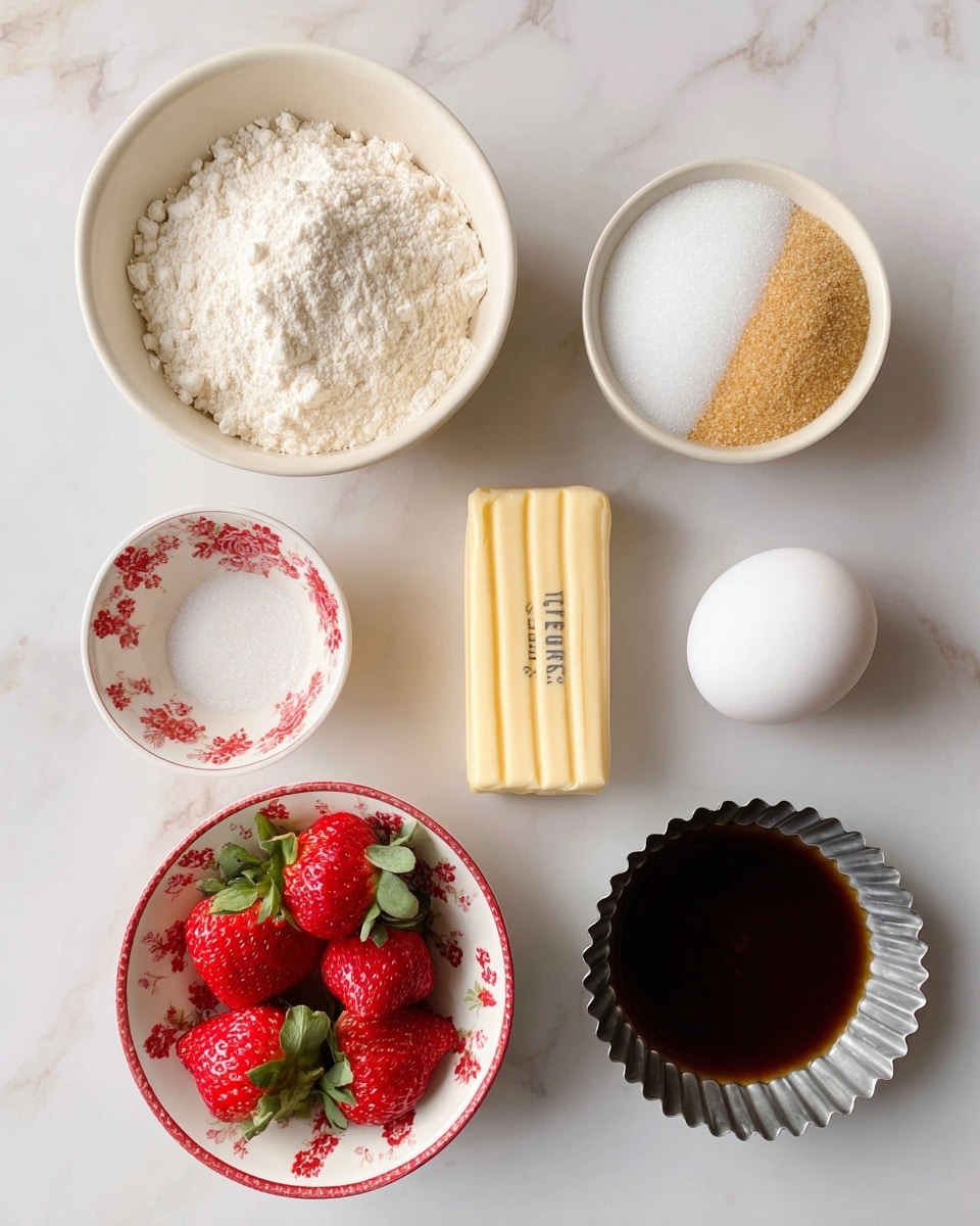 The image shows six baking ingredients arranged on a white marbled surface. On the top left, there is a white bowl filled with a mix of white flour, baking soda, baking powder, and salt. To its right, another white bowl contains two types of sugar: white granulated sugar on the left half and light brown sugar on the right half, showing distinct granule textures. Below the flour bowl, a pale yellow stick of salted butter wrapped in its original paper is placed horizontally. Below the sugar bowl, a small white bowl with red floral patterns holds five fresh red strawberries with green leafy tops. Below the butter, a silver tart pan contains a small amount of dark vanilla liquid. To the right of the vanilla, a single white egg is placed with its smooth surface visible. Photo taken with an iphone --ar 4:5 --v 7
