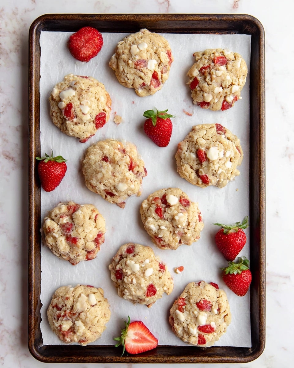 The image shows a dark metal baking sheet lined with white parchment paper on a white marbled surface. On the sheet, there are nine round, thick cookies with a crumbly texture and visible pieces of red strawberries inside. The cookies have a light golden-brown color with white crumb topping scattered unevenly on top. Scattered among the cookies are a few fresh strawberries, some whole and some sliced in half, showing bright red flesh and green leaves. The arrangement is casual, and the overall look is warm and inviting. photo taken with an iphone --ar 4:5 --v 7
