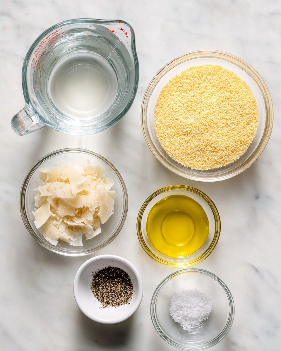 A white marbled surface holds six clear glass containers with different ingredients. The largest container on the top left is a measuring cup filled with clear water. To its right is a medium-sized bowl filled with yellow cornmeal, showing fine and grainy texture. Below them lies a small glass bowl with light yellow oil, round and glossy. On the bottom left, a small white bowl holds pale beige Parmesan cheese shavings with rough edges. Two more small glass bowls in the center hold black ground pepper and white salt, both finely textured. Each ingredient is labeled clearly with black text on white rectangular backgrounds. Photo taken with an iphone --ar 4:5 --v 7