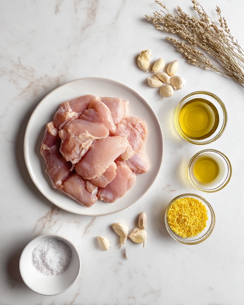 A white plate in the center holds a stack of raw chicken pieces with a pinkish color and smooth texture, arranged in a slightly overlapping way. To the right, there are two small glass bowls; the top one contains a creamy yellow mustard and below it, a golden yellow olive oil. Near these bowls are six peeled garlic cloves scattered casually. Below the plate, a small glass bowl of coarse salt and a similar-sized bowl filled with bright yellow lemon zest are placed side by side. A white empty bowl is positioned to the lower left of the plate. On the upper right side of the image, two dried herb stalks lay flat on a white marbled surface that spreads across the background. photo taken with an iphone --ar 4:5 --v 7