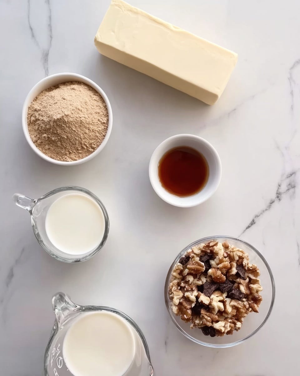 The image shows a white marbled surface with six different items arranged neatly. At the center, there is a rectangular stick of butter. Above it, a small white bowl holds a dark amber liquid, likely vanilla extract. To the left of the butter, a clear round bowl is filled with light brown powder, possibly cocoa or cinnamon. Below this bowl, a glass measuring cup holds a white liquid, possibly cream or milk. To the right of the butter, another glass measuring cup contains a similar white liquid. At the bottom right, there is a clear round bowl filled with a mix of chopped nuts and small dark bits, possibly chocolate or dried fruit. The setup looks clean and organized, showing ingredients for a recipe. Photo taken with an iphone --ar 4:5 --v 7