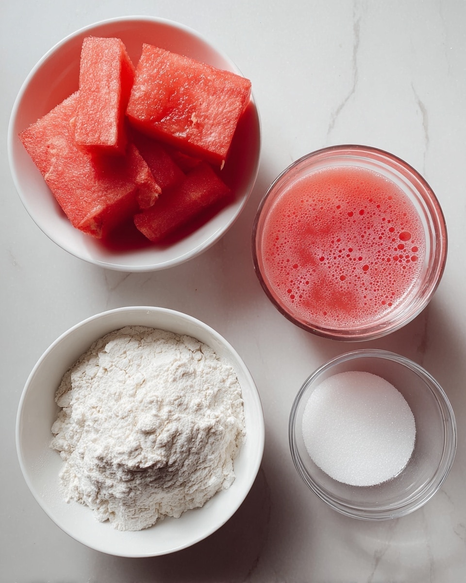 The image shows four containers on a white marbled surface. The top left has a white bowl filled with bright red triangular pieces of watermelon, stacked in layers with a juicy texture. To the right of the bowl is a clear glass filled with pinkish-red watermelon juice, with small bubbles on the surface. Below the bowl is a white bowl full of white flour piled high with a soft, powdery texture. To the right of the flour is a small clear glass bowl containing white granulated sugar with a slightly shiny texture. The items are evenly spaced and arranged in a neat square pattern. Photo taken with an iphone --ar 4:5 --v 7