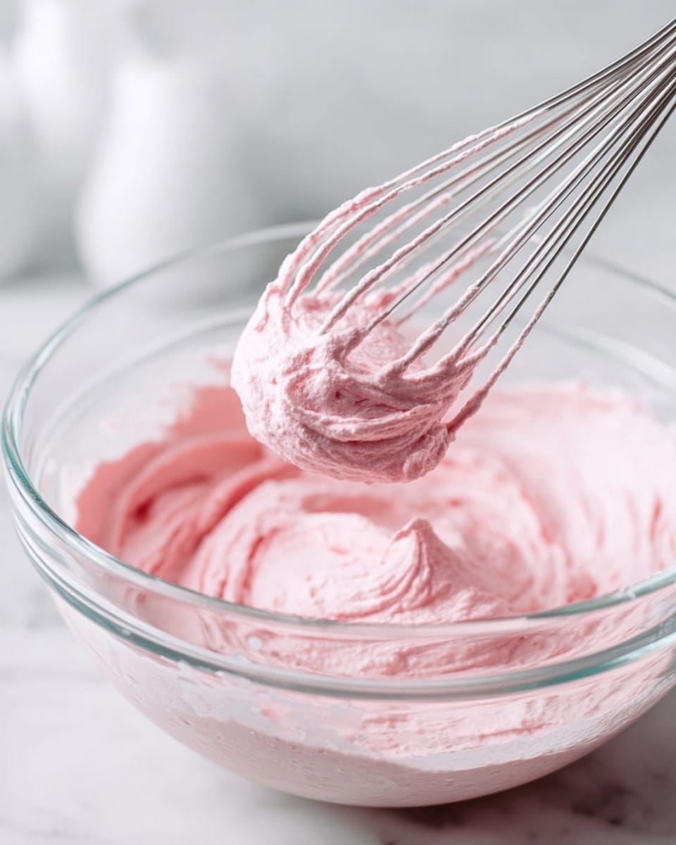 A clear glass bowl holds a creamy, fluffy pink mixture with a smooth yet slightly textured surface. A metal whisk with thin wires is partially dipped into the mixture, lifting some of it with the wires coated in the same light pink creamy texture. The bowl sits on a white marbled surface, and the background is softly blurred with white elements, keeping the focus on the bowl and whisk. photo taken with an iphone --ar 4:5 --v 7