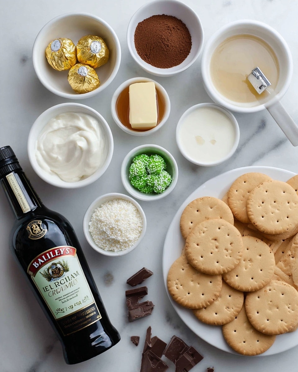 The image shows ingredients for a dessert arranged neatly on a white marbled surface. There is a black bottle of Baileys Irish Cream on the left side. Small white bowls hold different ingredients: golden wrapped candies in the top middle, cocoa powder below them, a stick of butter in honey below the cocoa, small green candy balls with white sprinkles in the middle right, white creamy yogurt or cream below the butter, and small pieces of chocolate at the bottom right. On the right side, a white plate is full of round light brown biscuits with holes and writing on them, overlapping each other. Photo taken with an iphone --ar 4:5 --v 7