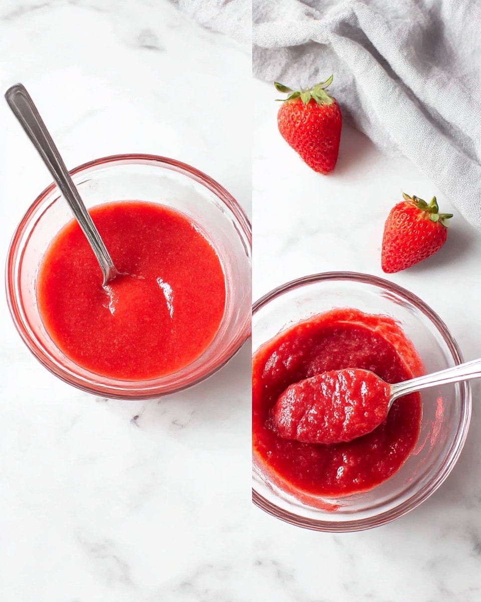 The image shows two clear glass bowls on a white marbled surface, each with a different state of strawberry puree. The left bowl contains a smooth, bright red liquid strawberry puree, with a silver spoon resting inside. Next to this bowl, two fresh strawberries are placed on the marbled surface. The right bowl has thick, chunky, deep red strawberry paste held on a silver spoon inside the bowl. A light gray cloth is softly spread out behind both bowls, adding texture to the scene. Photo taken with an iphone --ar 4:5 --v 7