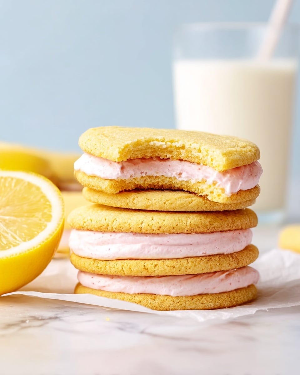 The image shows a stack of three round cookies on a white marbled surface, each cookie sandwiching a layer of pale pink creamy filling. The cookies are golden yellow with a slightly textured surface. The top cookie has a bite taken out of it, revealing the soft pink filling inside. To the left of the stack, there is a bright yellow lemon half and a glass of milk in the background, all set against a pale, soft blue background. The cookies rest on a piece of white parchment paper. photo taken with an iphone --ar 4:5 --v 7