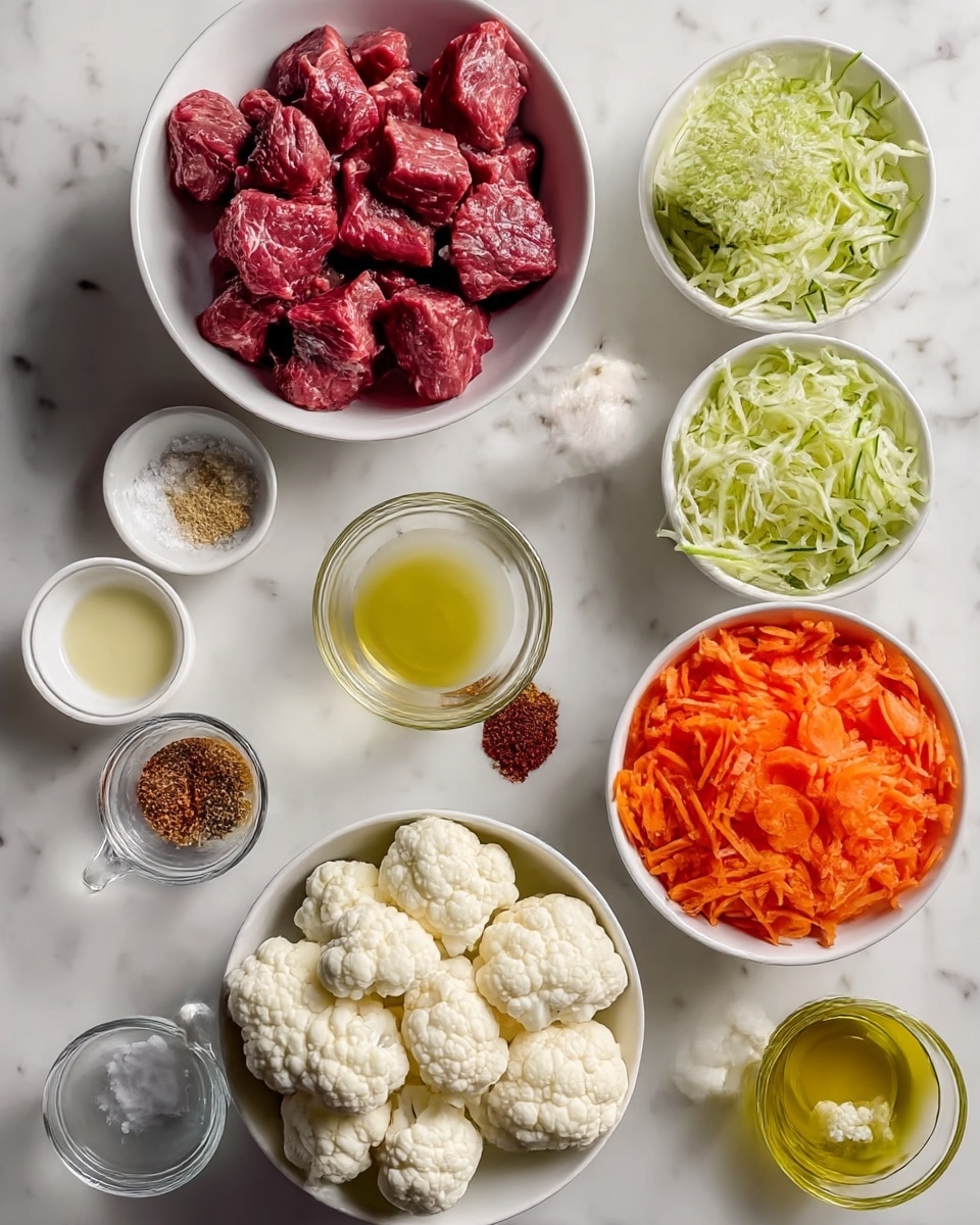 The image shows several bowls and glass containers on a white marbled surface, each holding different ingredients. In the top left, a white bowl holds deep red chunks of raw meat. To the right, there's a whole garlic bulb in a small white bowl, next to a white bowl with finely shredded pale green zucchini. Below that, a small glass cup has a light yellow liquid, and a white bowl next to it contains a variety of brown and red spices. In the center, a white bowl is filled with bright orange shredded carrots. Below and to the left, a white bowl holds large white cauliflower florets, and a smaller white bowl beside it contains coarse salt. To the right, another white bowl has smaller cauliflower pieces. A small glass container with golden olive oil is positioned near the bottom right. All items sit neatly on the white marbled surface. photo taken with an iphone --ar 4:5 --v 7