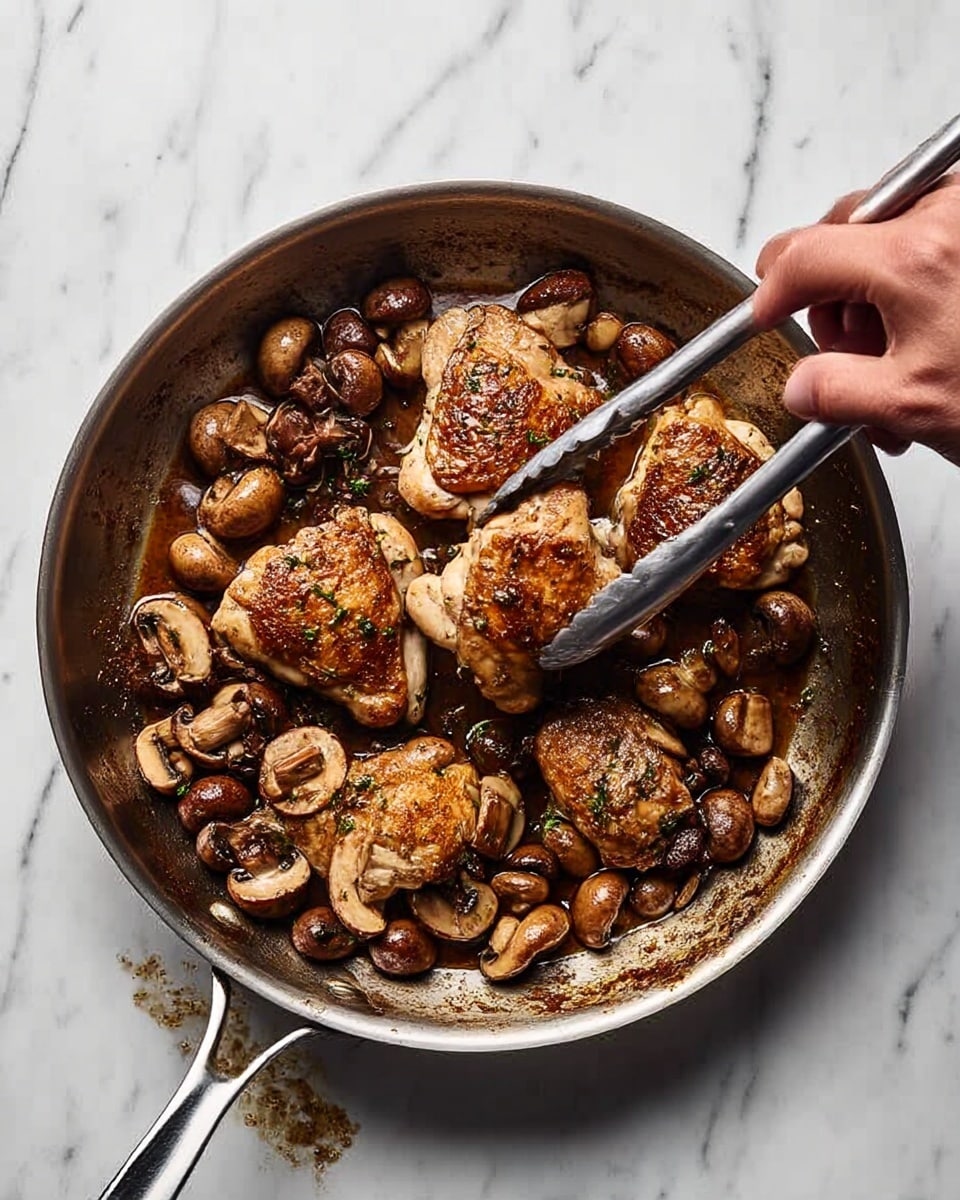 A stainless steel pan with four large browned pieces of cooked chicken thighs surrounded by many whole and sliced mushrooms in a dark sauce. A woman's hand is holding silver tongs picking up one piece of chicken. The pan sits on a white marbled surface with some brown bits and sauce stuck to the pan. photo taken with an iphone --ar 4:5 --v 7
